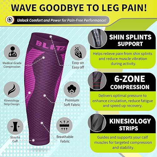 Vista 22 de BLITZU - Manga de compresión para pantorrilla, unisex, calcetas de compresión sin pie, soporte para corredores, pernera, pantorrillera para alivio