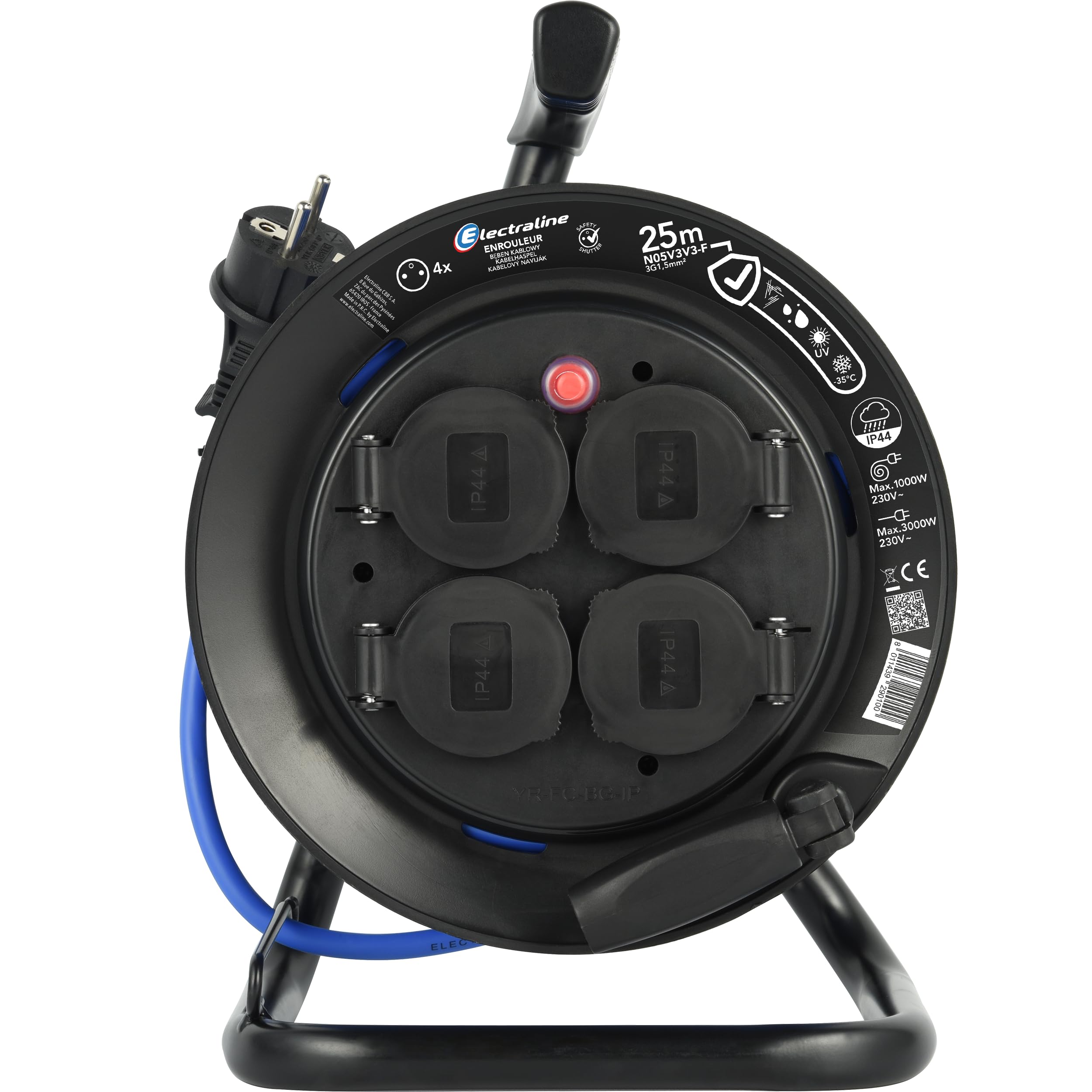 Electraline 29010 Rallonge Prolongateur électrique Outdoor Profesionnelle avec Enrouleur 25M, Câble spécial AT-N05V3V3-F 3G1.5, utilisable jusqu'à -35 °C, résistant aux UV, huiles, 4 Prises 16A IP44