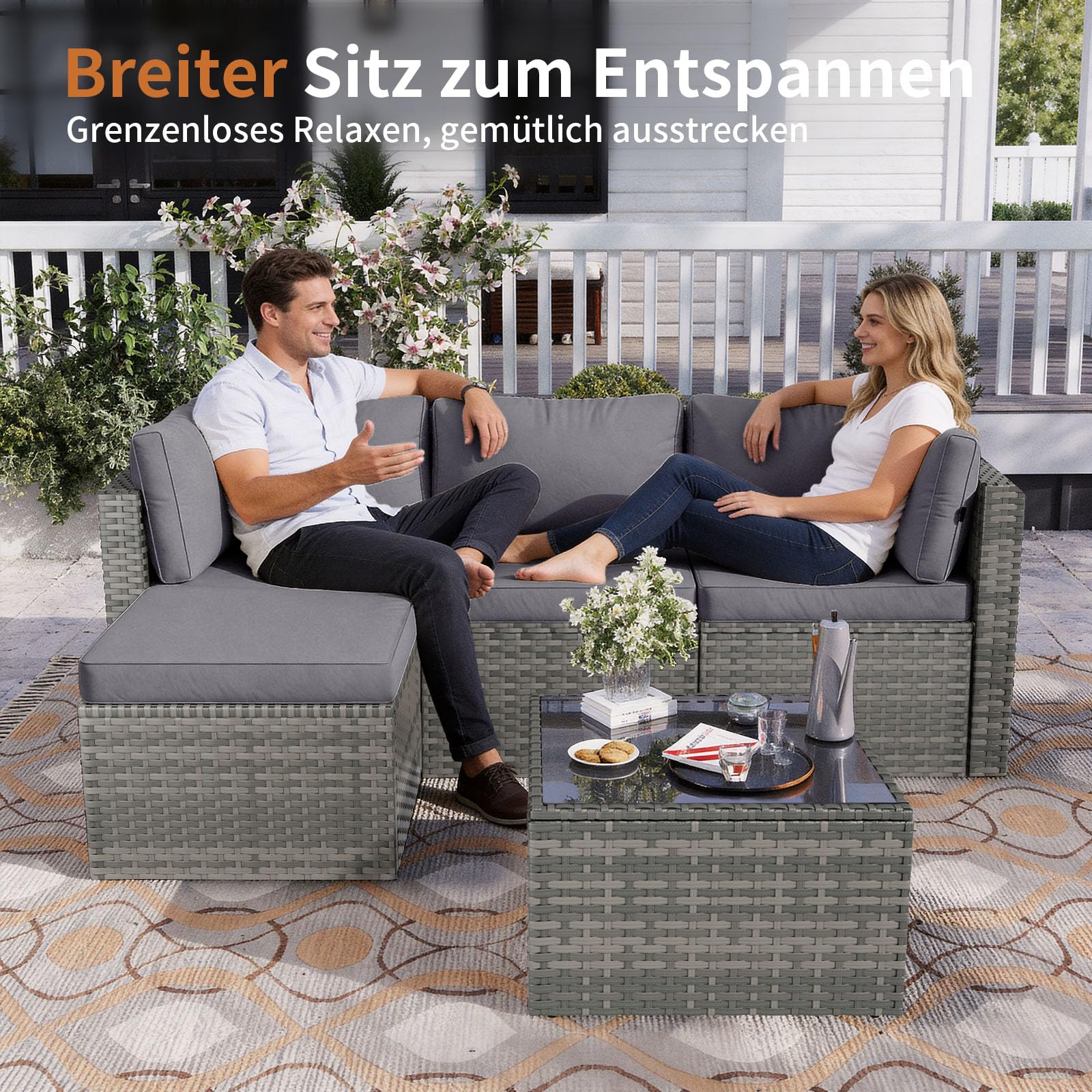 Aoxun Gartenmöbel Set Polyrattan 3-teilig mit 7,5cm dicken Kissen & Glas-Couchtisch, wetterfeste Gartenlounge Outdoor mit extra Langer 196cm Sitzbank, Stabiler Balkon Terrassen Außenmöbel Satz (Grau)