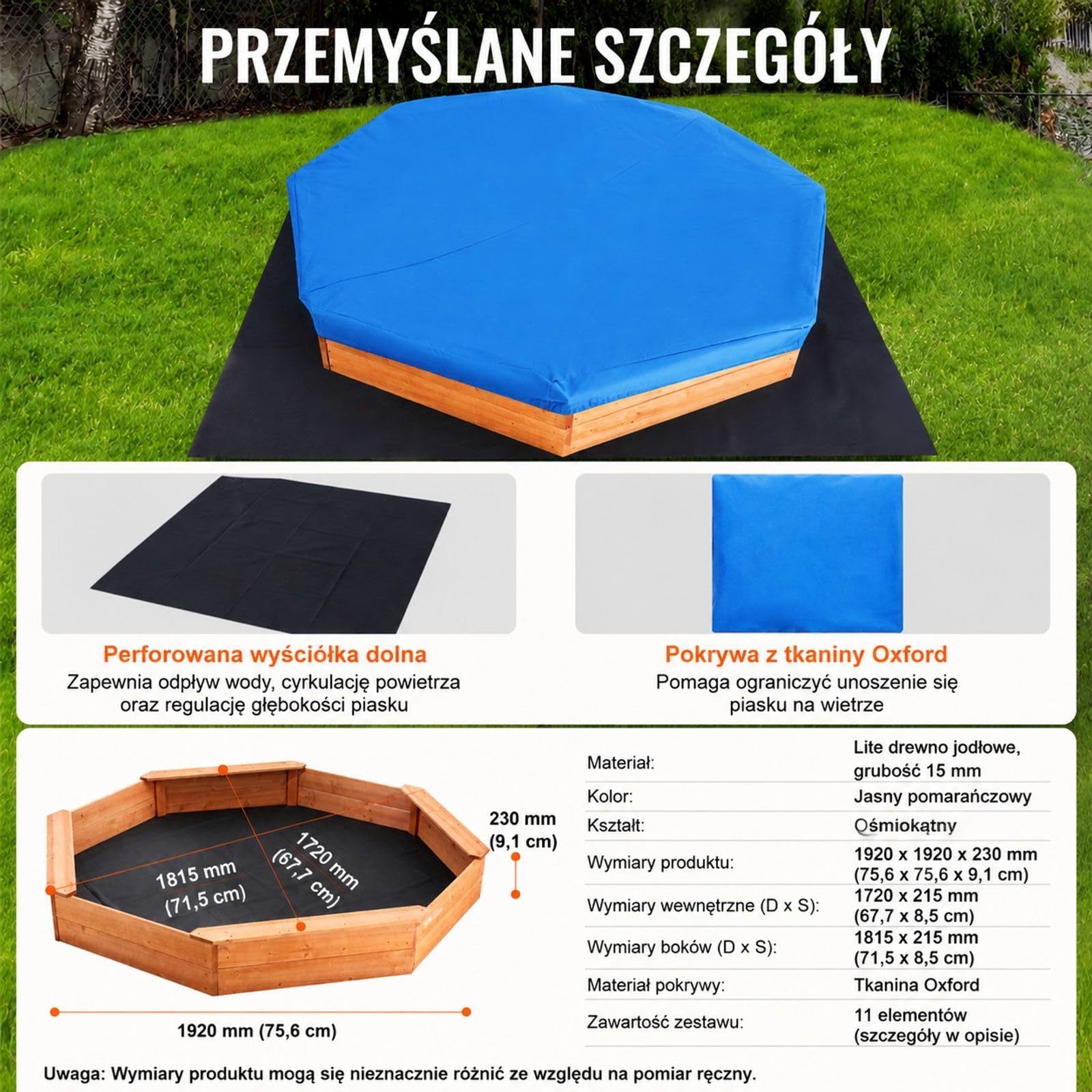 Drewniana piaskownica z pokrywą, ośmiokątna piaskownica, piaskownica z 4 siedziskami i wykładziną podłogową, piaskownica dla dzieci do ogrodu, prezent dla chłopców i dziewczynek w wieku 3-12 lat