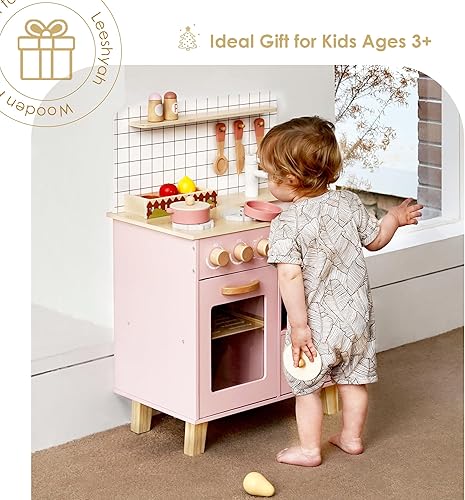 Miniatura 3 de Cocina de juego de madera rosa con características realistas y accesorios, juguete de cocina de simulación para niños mayores de 3 años, regalo