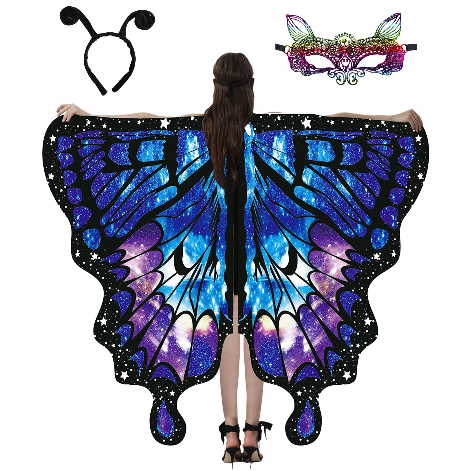 WhiteUniQoon Butterfly Costume for Women, Adult Butterfly Wings Halloween Party Costume with Lace Mask and Antenna Headband 013 โ image 1