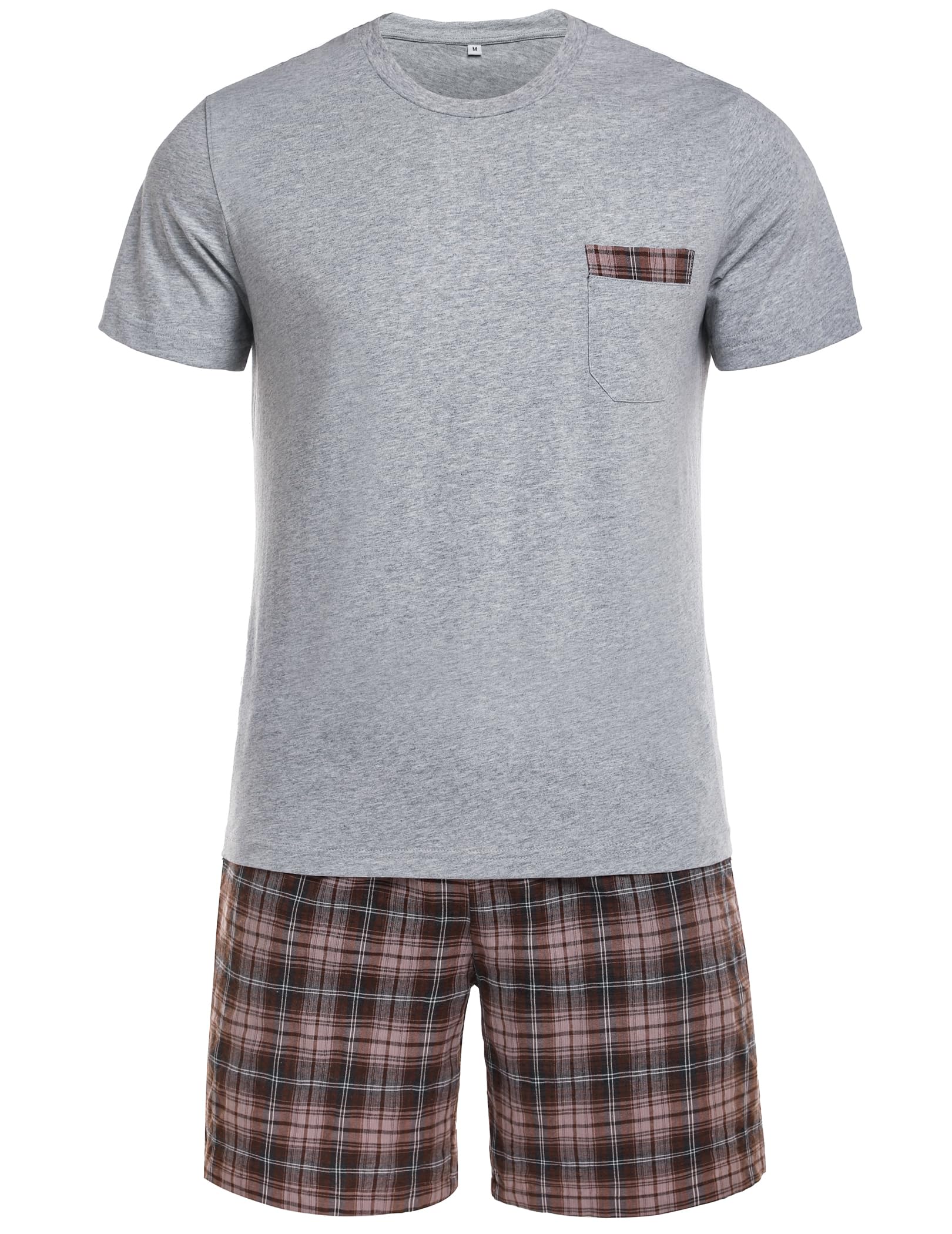 Winovia Schlafanzug Herren Kurz Pyjama Set aus Baumwolle Kurzarm Nachtwäsche mit Karierter Hose und Brusttasche Sommer Hausanzug Männer Geschenk