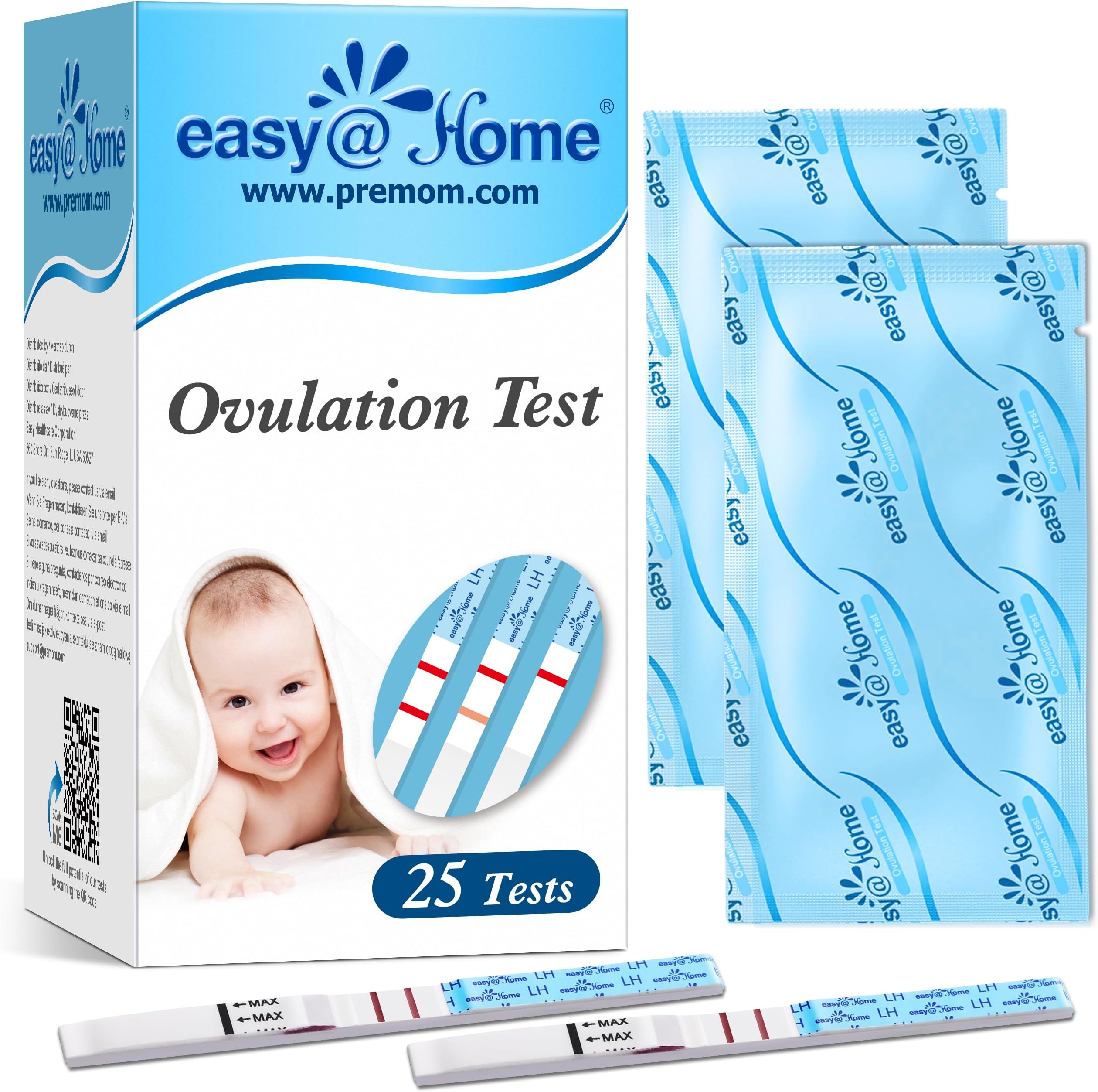 Easy@Home 25 Ovulation (LH) Urine Test Strips, 25 LH Tests | Ovulation Predictor Kit, Powered by Premom Ovulation Predictor iOS and Android App, 25 LH Strips
