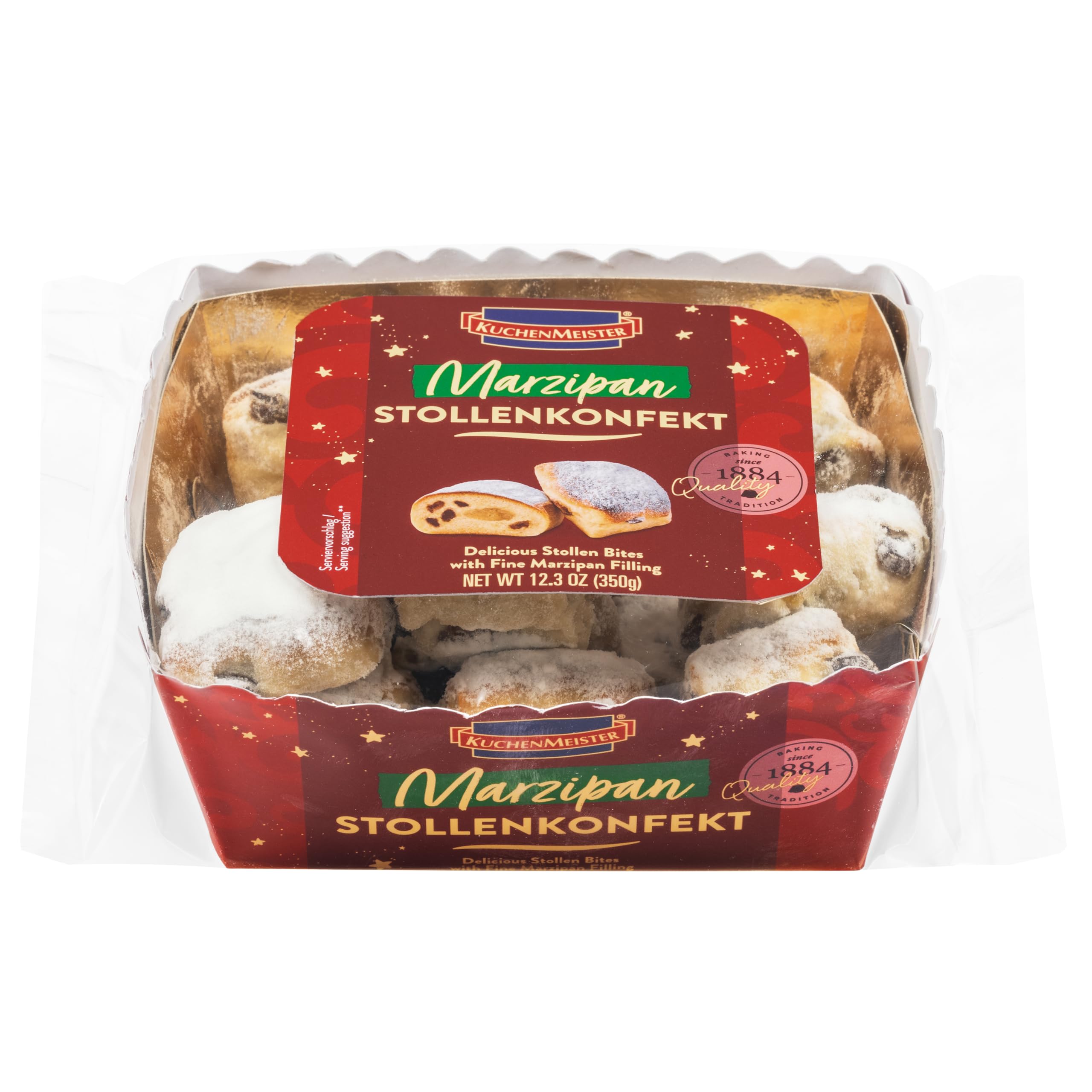 KuchenMeister Marzipan Stollen Konfekt 350 g | Saftiges Konfekt aus Stollenteig gefüllt mit Marzipan und Rosinen | 1 x 350 g