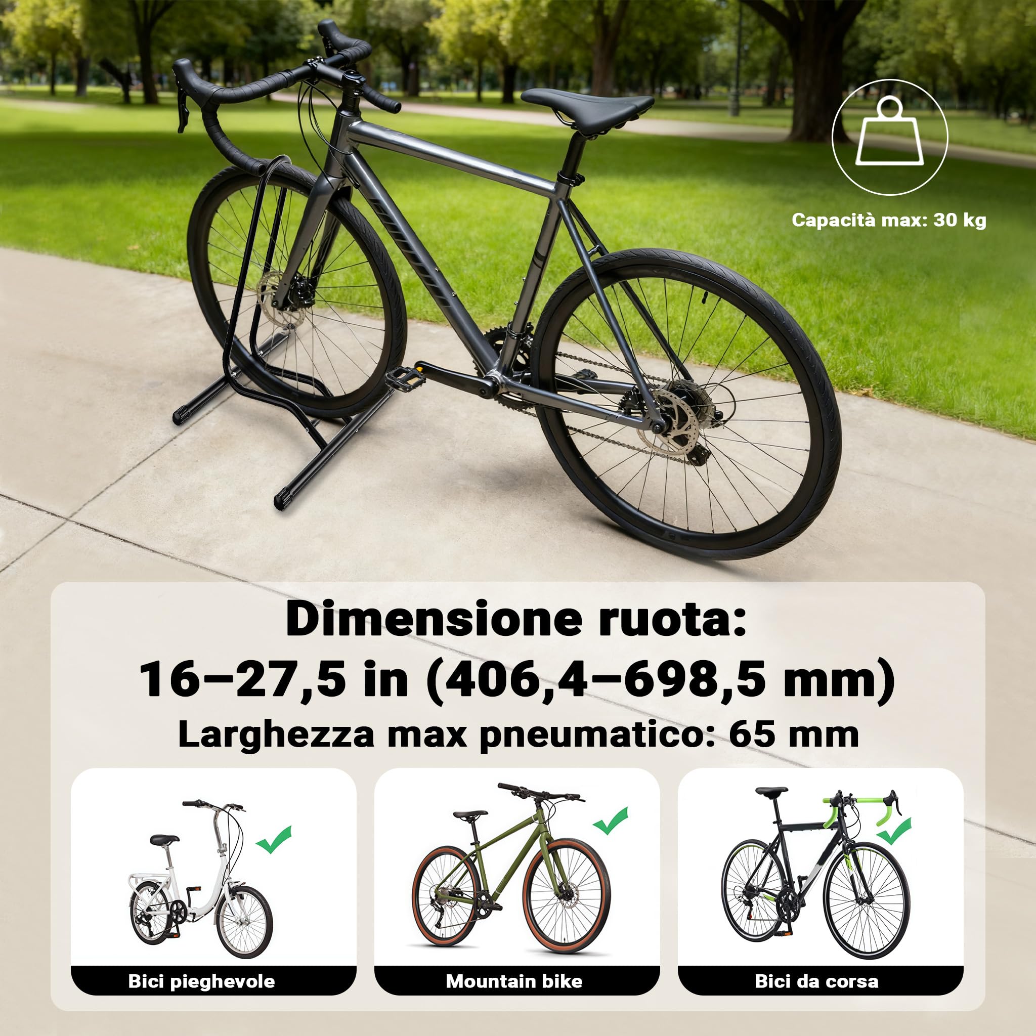 Portabici Mobile 1 Bicicletta Cavalletto per riparazioni/Montaggio per Pneumatici Larghi 60mm