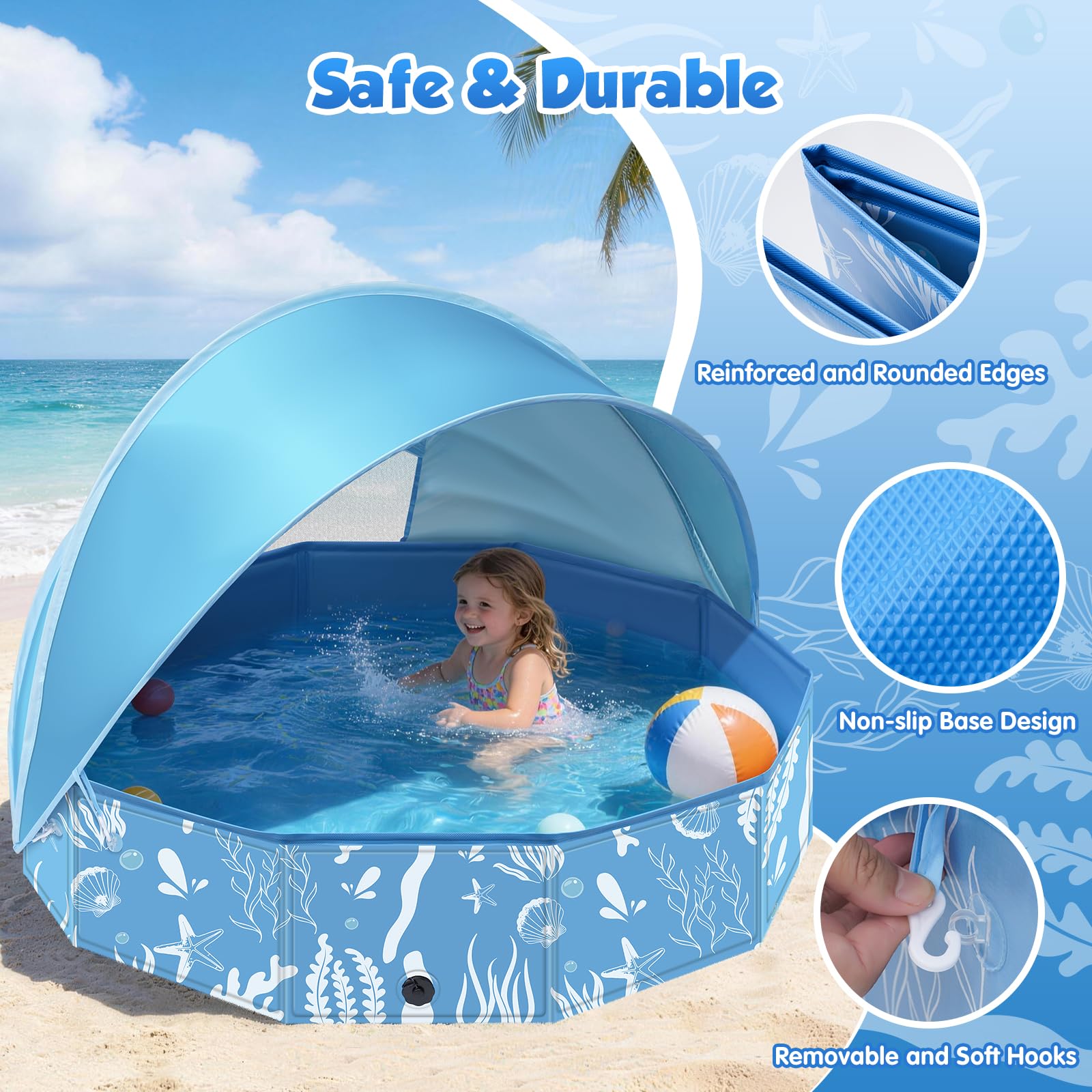 Faltbarer Hundepool mit Abnehmbarem Sonnendach 120cm Robustes Planschbecken für Kinder Hunde Pool mit Dach Rutschfestes Hundebadewanne Kinderpool Garten Outdoor
