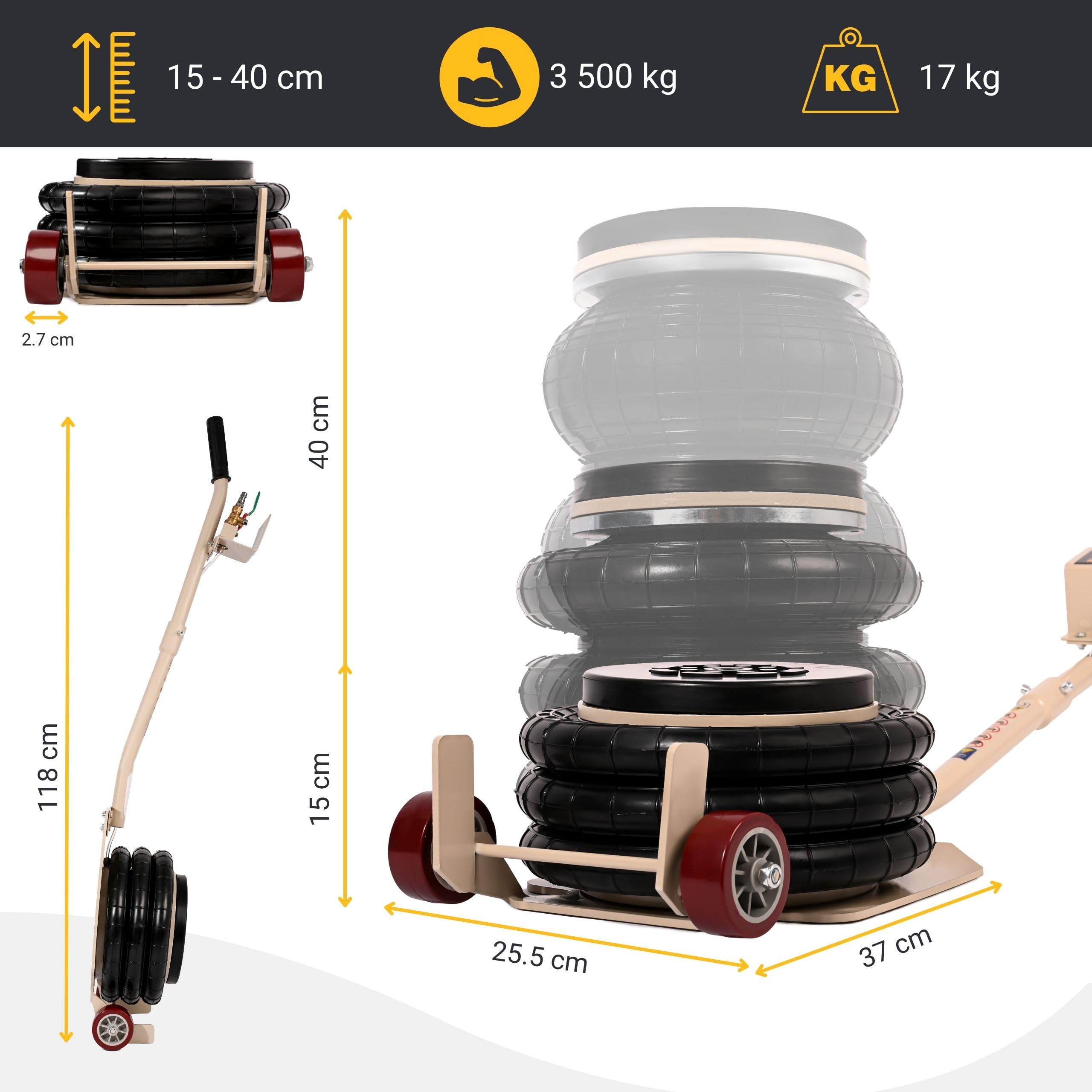 Podnośnik samochodowy pneumatyczny bałwanek BESTEN 3,5T • 150–400 mm • 6–12 bar • 3× zbrojona poduszka • teleskop centrujący • koła stal+guma Ø65 mm • zawór bezpieczeństwa • BE0002527