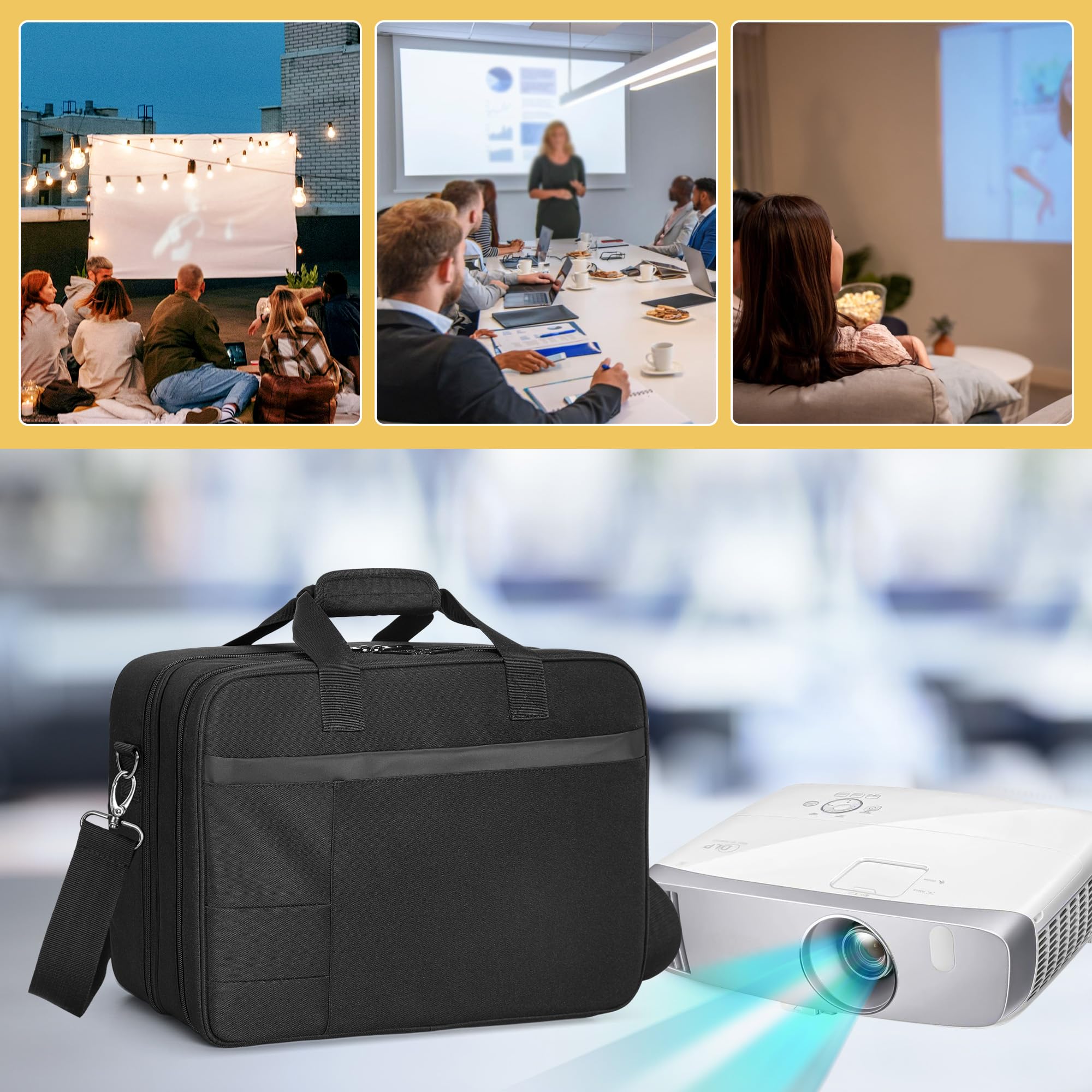 CURMIO Borsa Trasporto Proiettore con Scomparto per Laptop 15.6'', Custodia da Videoproiettore Compatibile con la Maggior Parte dei Proiettori Principali, Solo Borsa, Nero