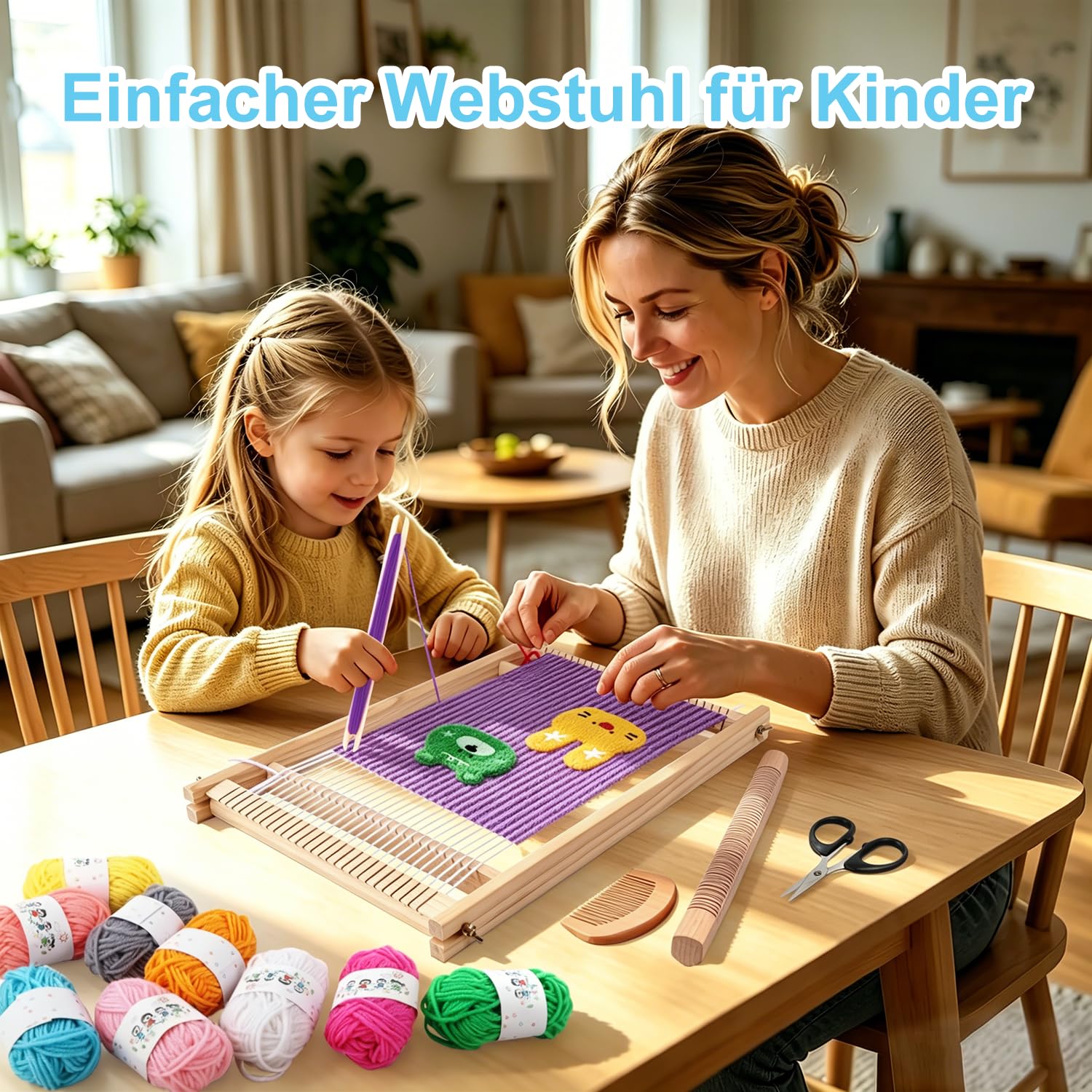 BSTDAYEVER Telaio per Tessitura in Legno Telaio per Bambini Telaioi per Tessitura a Cornice 28x38cm Craft Telaioi per Tessiture Quadrato Contiene 12 Colori di Filato per Principianti e Bambini