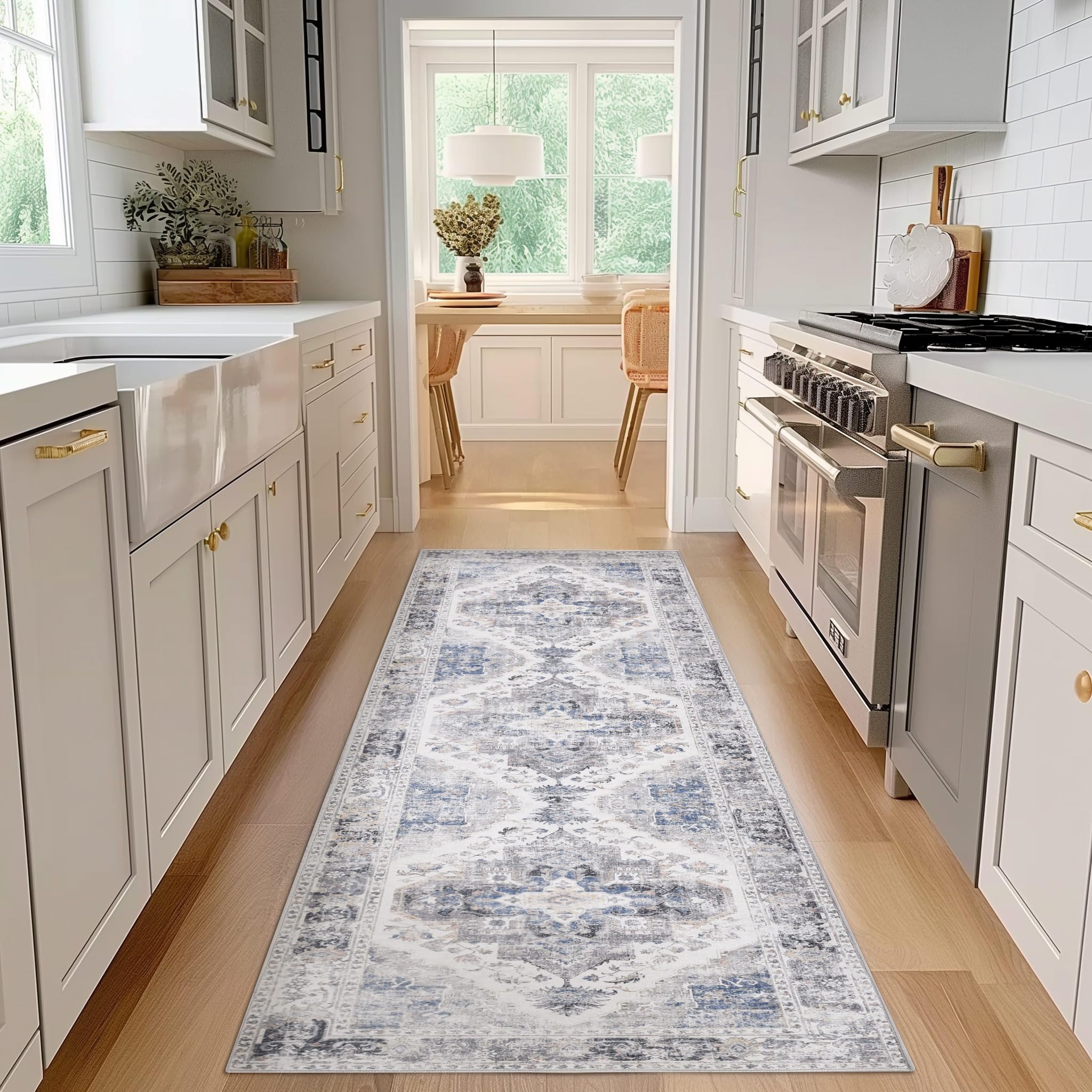 jinchan Runner Rug 2x8 Washable Kitchen Runner Rug Non Slip Grey Vintage Hallways Runner Rug Ultra-Thin Floral Print Floor Cover Accent Rug Throw Carpet Runners Laundry Room Bedroom Livingroom