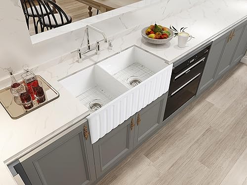 Fregadero de granja blanco de 33 pulgadas, cuenco doble  33 x 18 pulgadas, delantal frontal de granja, cuenco doble reversible 5050 de cerámica