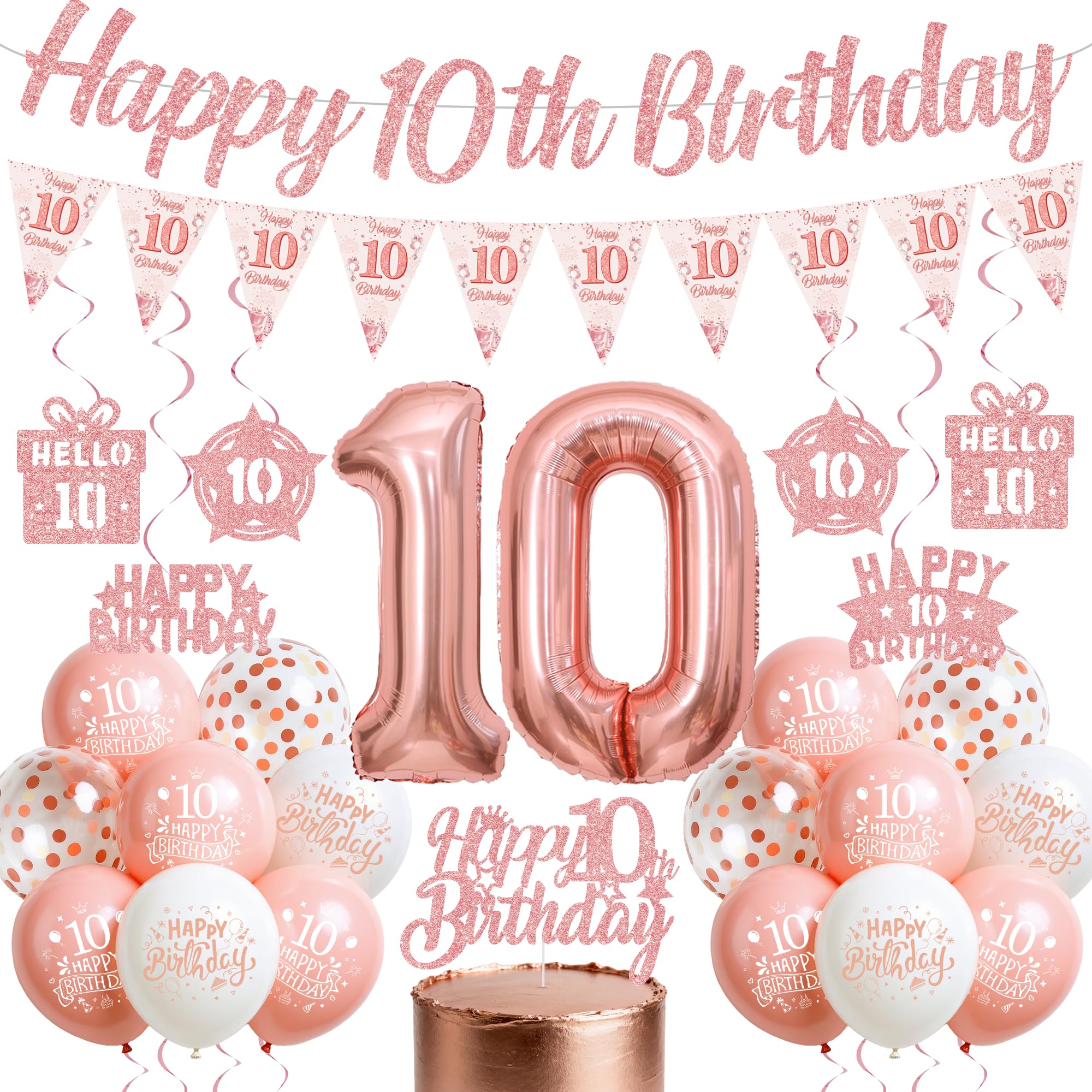 10th Birthday Decorations for Girls, Rose Gold 10 Years Old Party Supplies