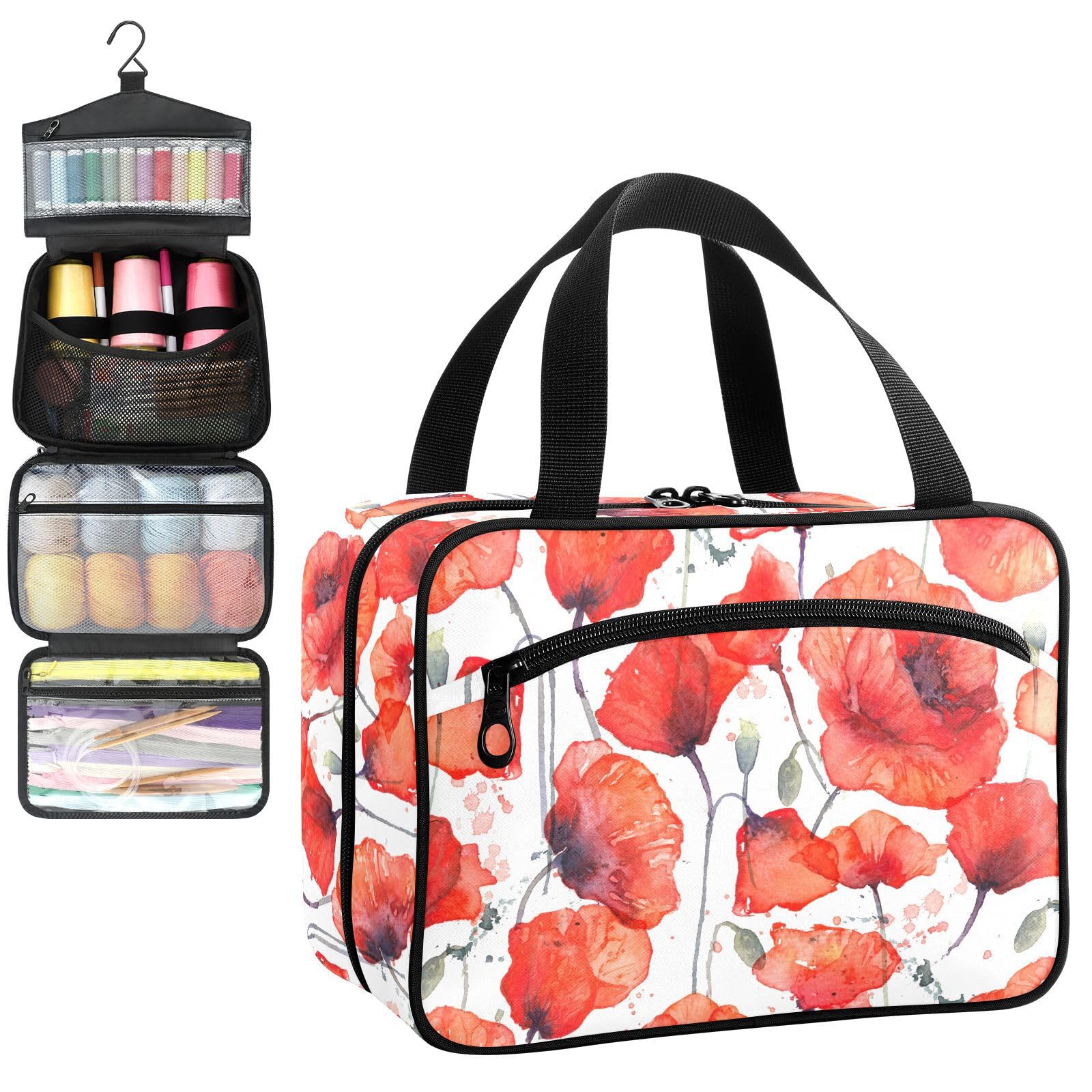 YNNALE Sewing Supply Organizer Bag, Watercolor Red Poppy Flowers Portable Sewing Bags with Pockets&Hanger, Sewing Storage Box Case for Sew Supplies/Kit/Tools/Accessories (BAG ONLY)