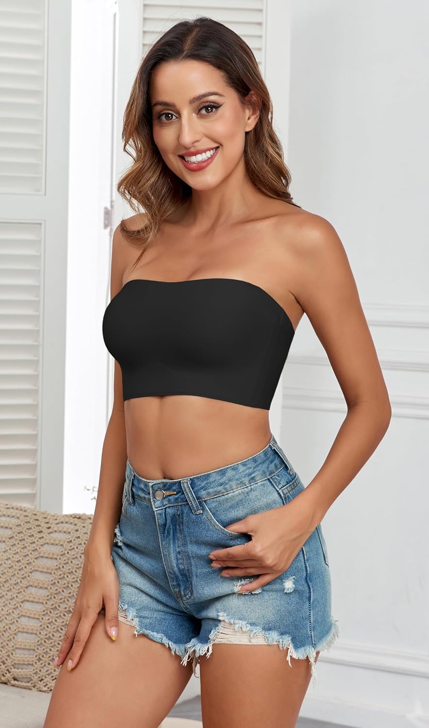 Strapless Bras for Women Non-Slip Silicone Bandeau Bra Seamless Wireless Strapless Bra Padded with 1 Pairs Straps - Image 3