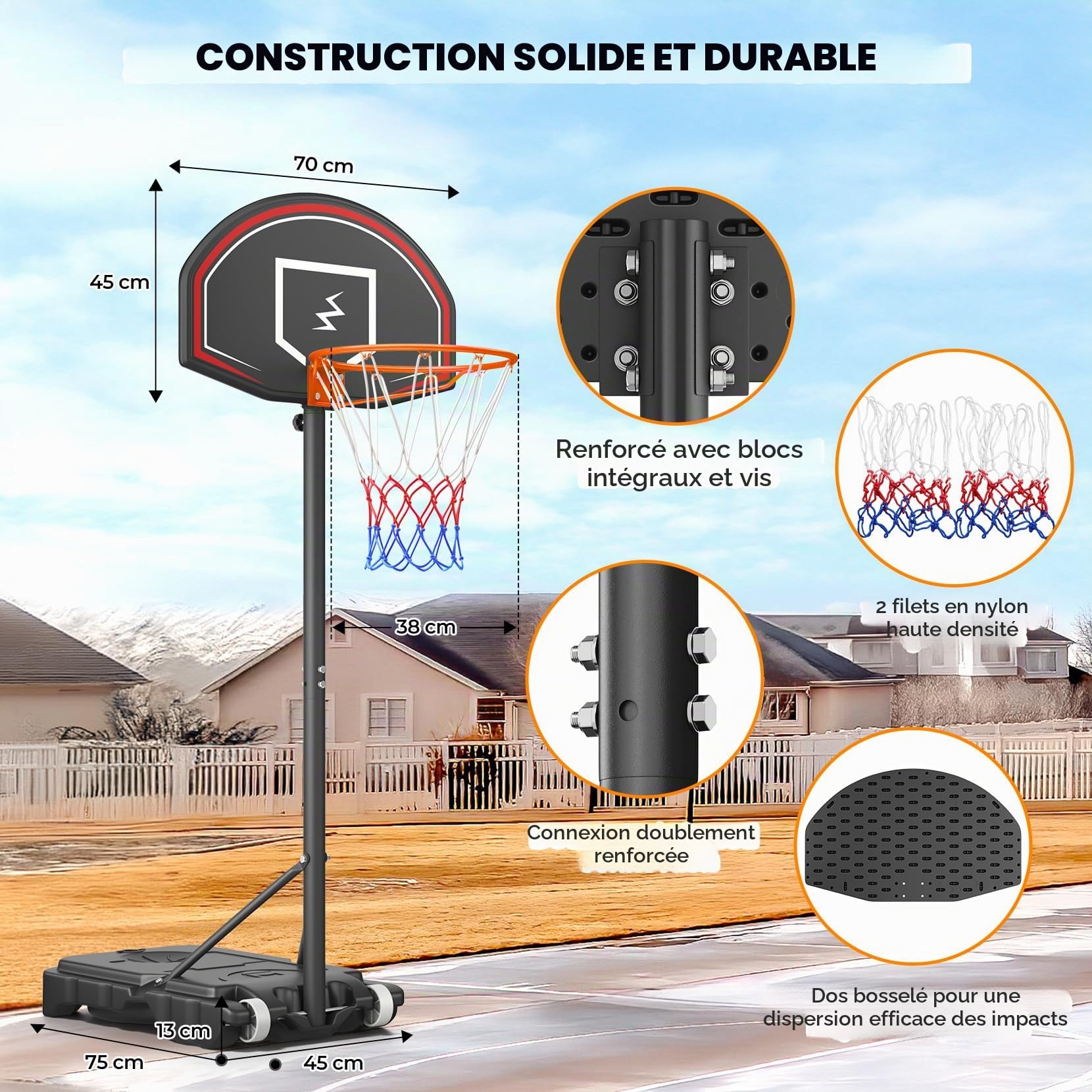 YOLEO Panier de basket extérieur pour enfants, réglable 160-210 cm, système Net System sur roues