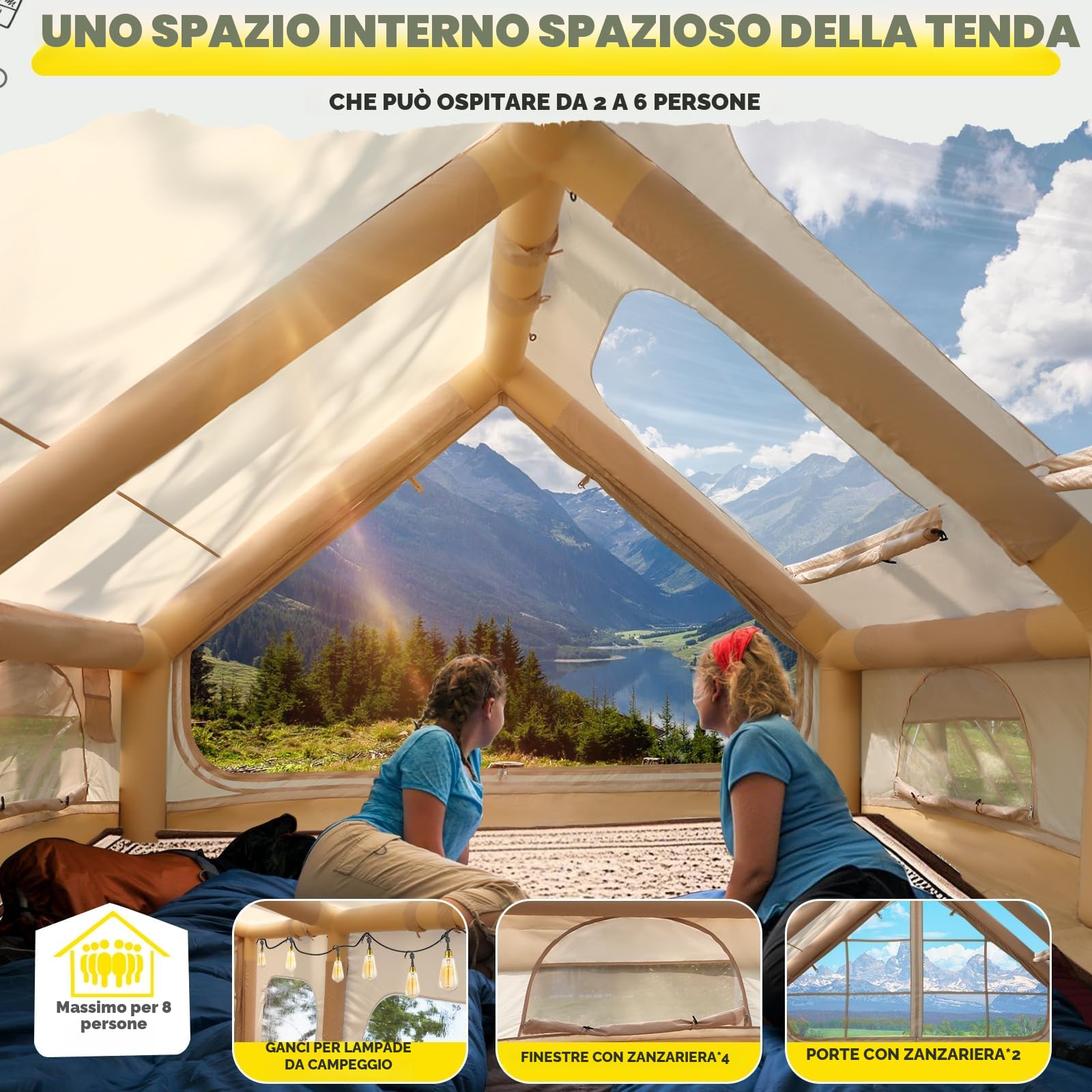 Tenda da campeggio gonfiabile 2-8 persone con apertura camino e lucernario, Oxford impermeabile 4 stagioni, pompa aria