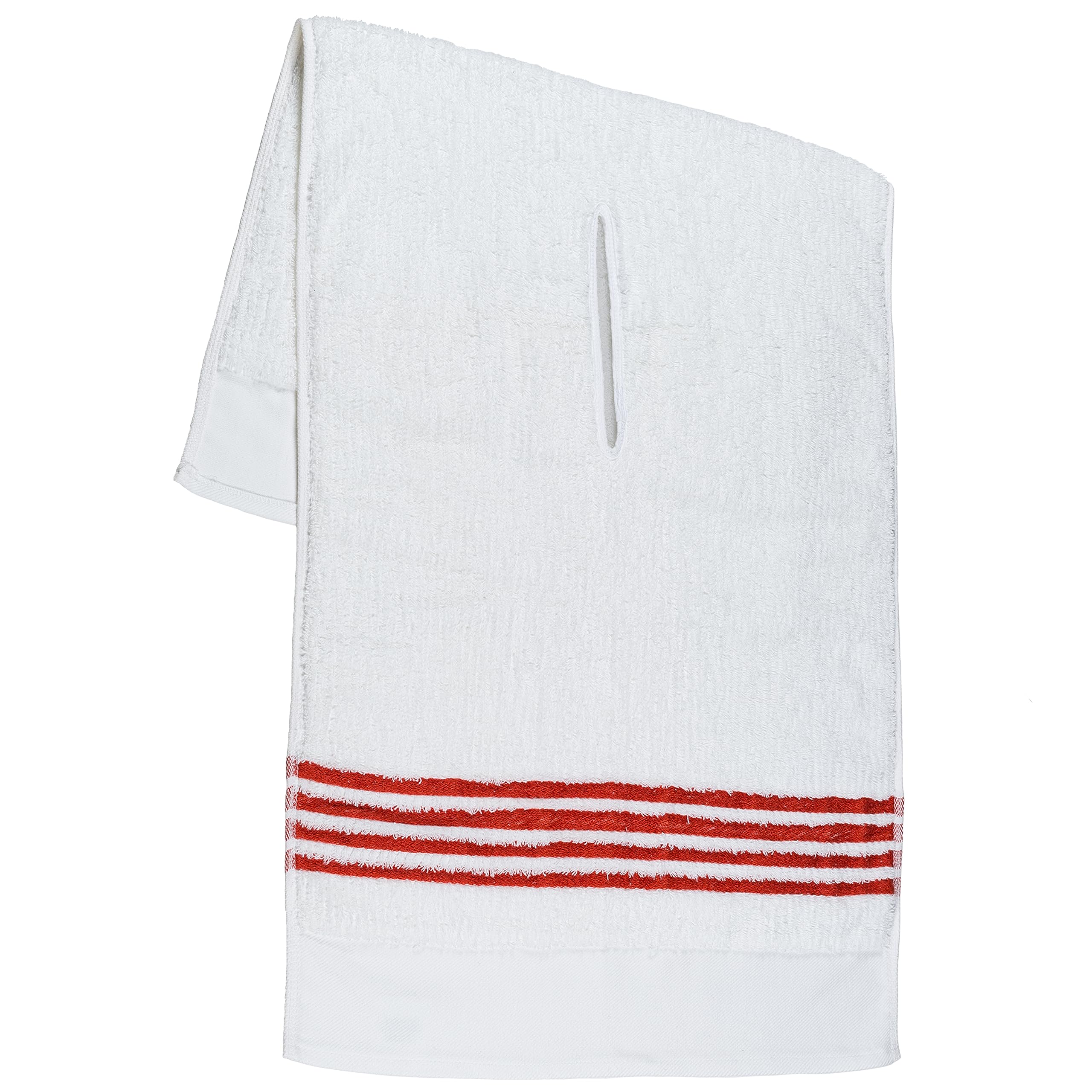 The Tour Towel | Large Golf Caddy Towel Terry Cloth, Absorbent 19" x 44", Center Cut, Perfect Hang Golf Cart Accessory and Golf Bag, White with Red Stripes