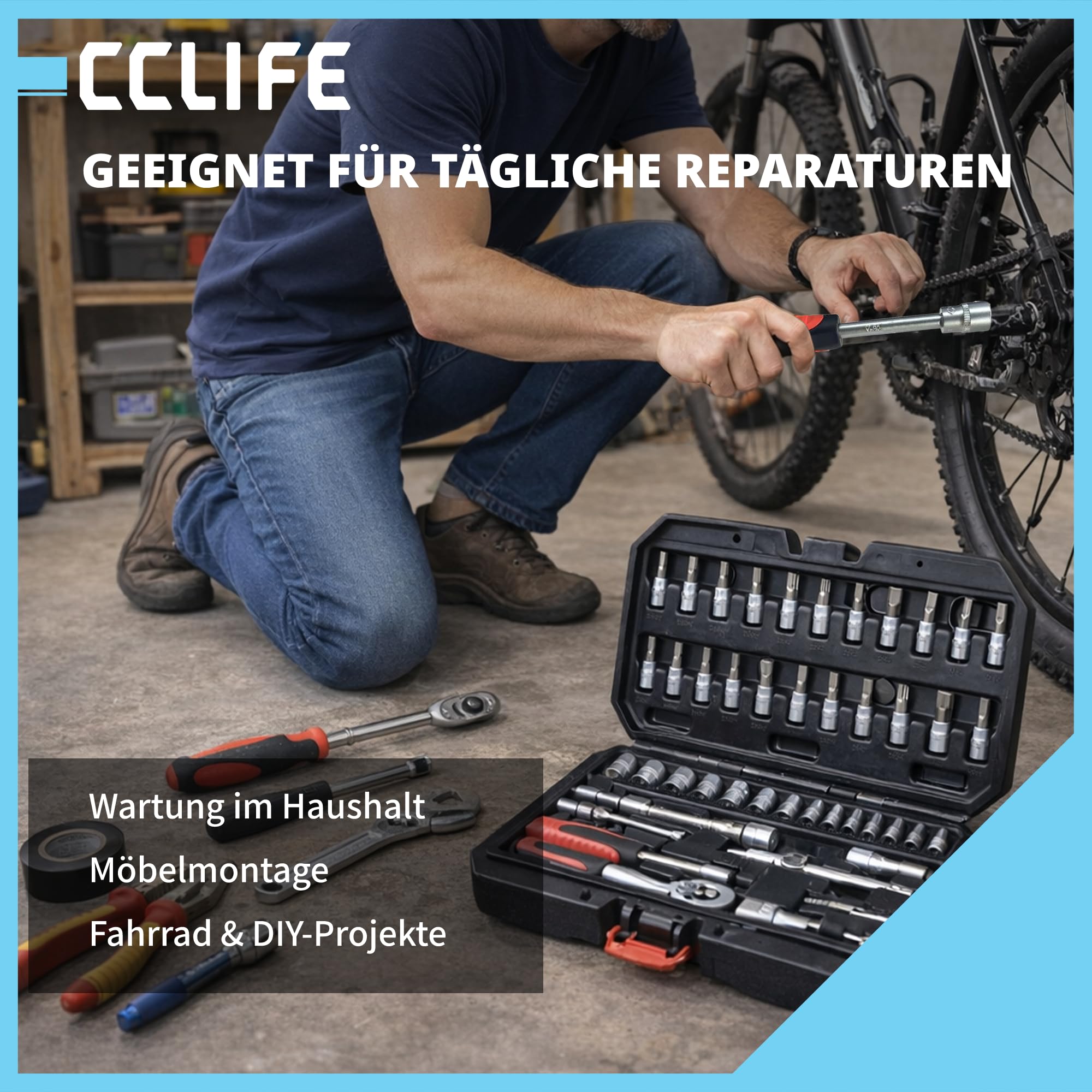 CCLIFE 46-częściowy zestaw narzędzi z grzechotkami 1/4" z nasadkami, przedłużkami i przegubami gimbalnymi do samochodów osobowych i majsterkowiczów w stabilnej walizce na narzędzia