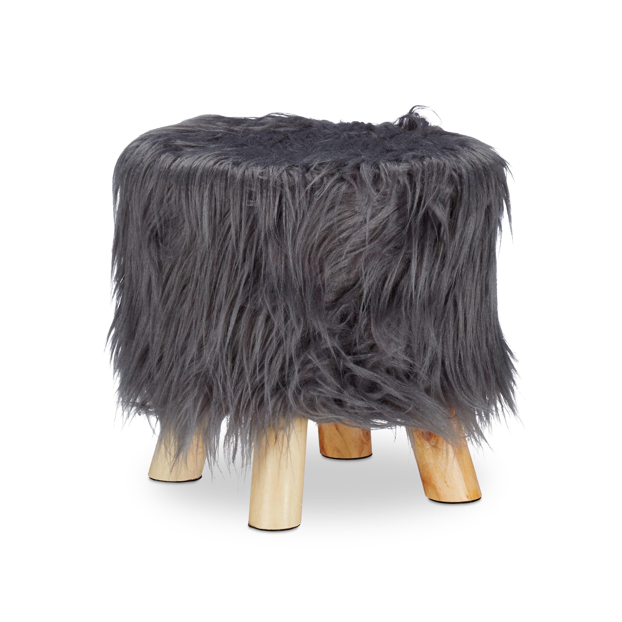 Relaxdays Taburete Bajo de Pelo Sintético Suave con 4 Patas, DM, Madera de Pino y Poliéster, Gris, 31 x 31 cm