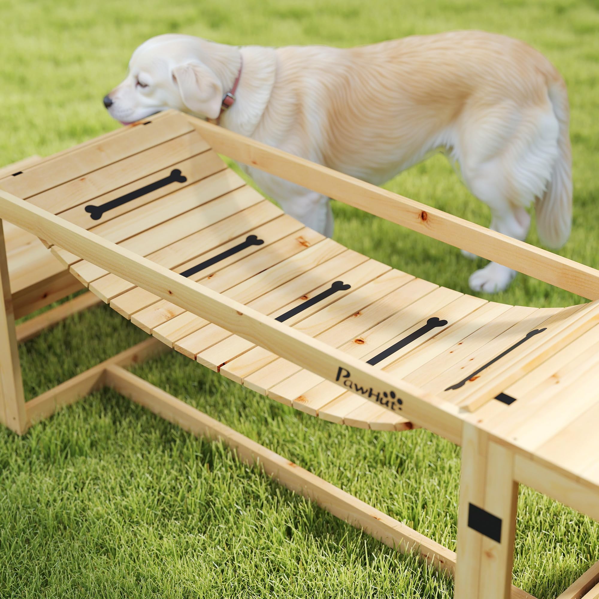 PawHut Attrezzatura Agilità Cani 3 Pezzi Set Legno Naturale | Ponte Morbido, Piattaforma Pausa, Scala per Animali da Esterno