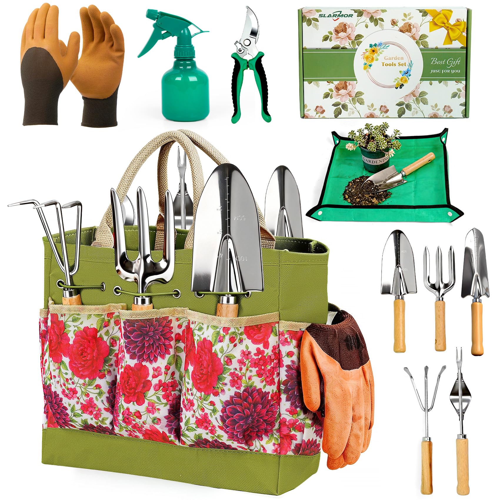 SLARMOR Garden Tools Set 10-Piece, Heavy Duty Gardening Tools Kit for Women & Men with Stainless Steel Hand Tool, Pruning Shears, Gloves, Bag - Ideal Gardening Gifts for Women & Gardeners