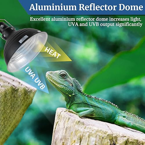 LUCKY HERP Reptile Light Fixture with Dimming Thermostat & Timer, Aluminum 5.5inch Deep Dome Reptile Lamp Fixture, Heat Lamp Fixture for UVB Bulb Basking Heat Bulb, Max 100W(Single Dome Standard,8.1 Inch)