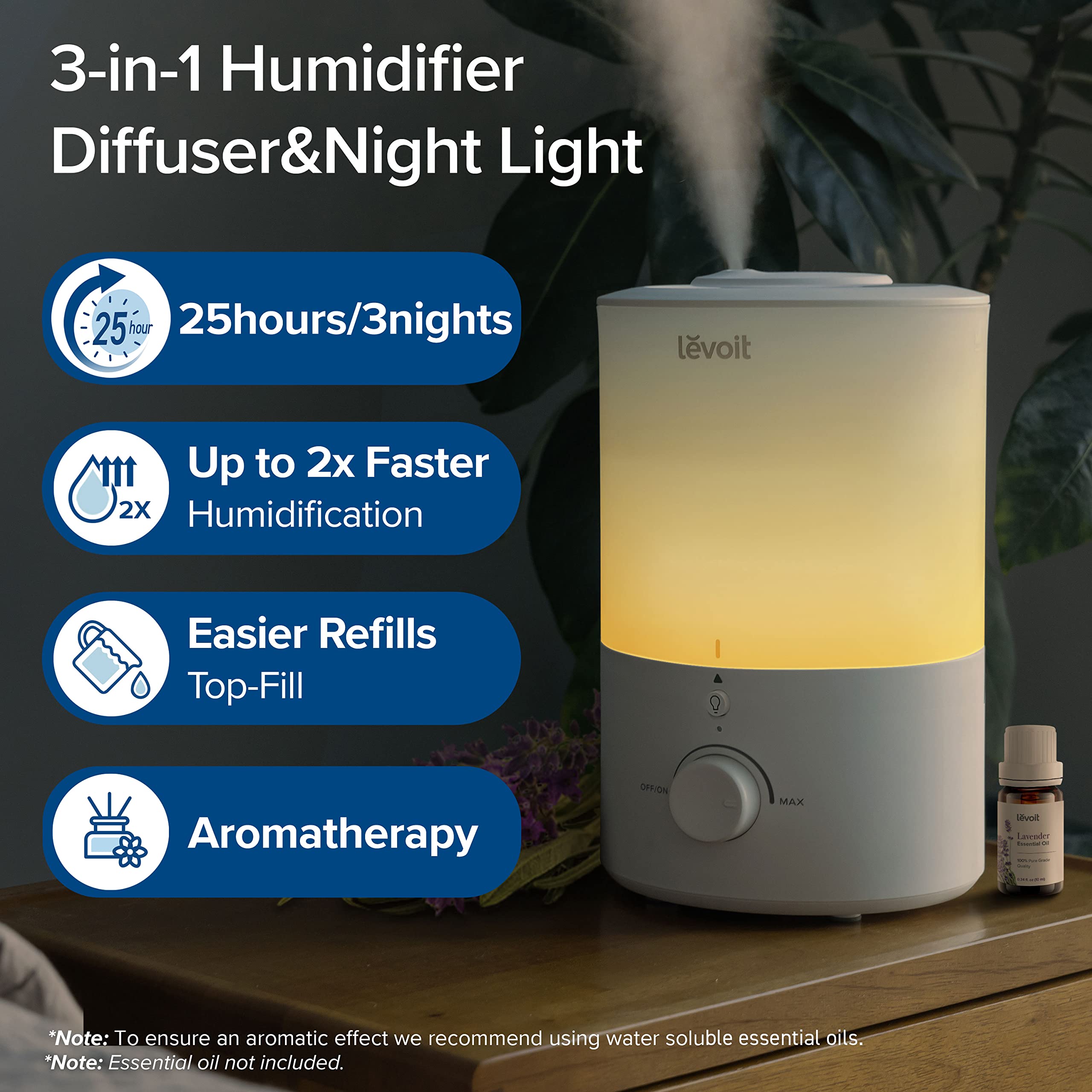 Levoit Umidificatore per camera da letto, Easy Top Fill, serbatoio da 3 litri per stanze grandi, luce notturna delicata, nebbia fredda ad ultrasuoni rapida, diffusore di oli essenziali, ideale per