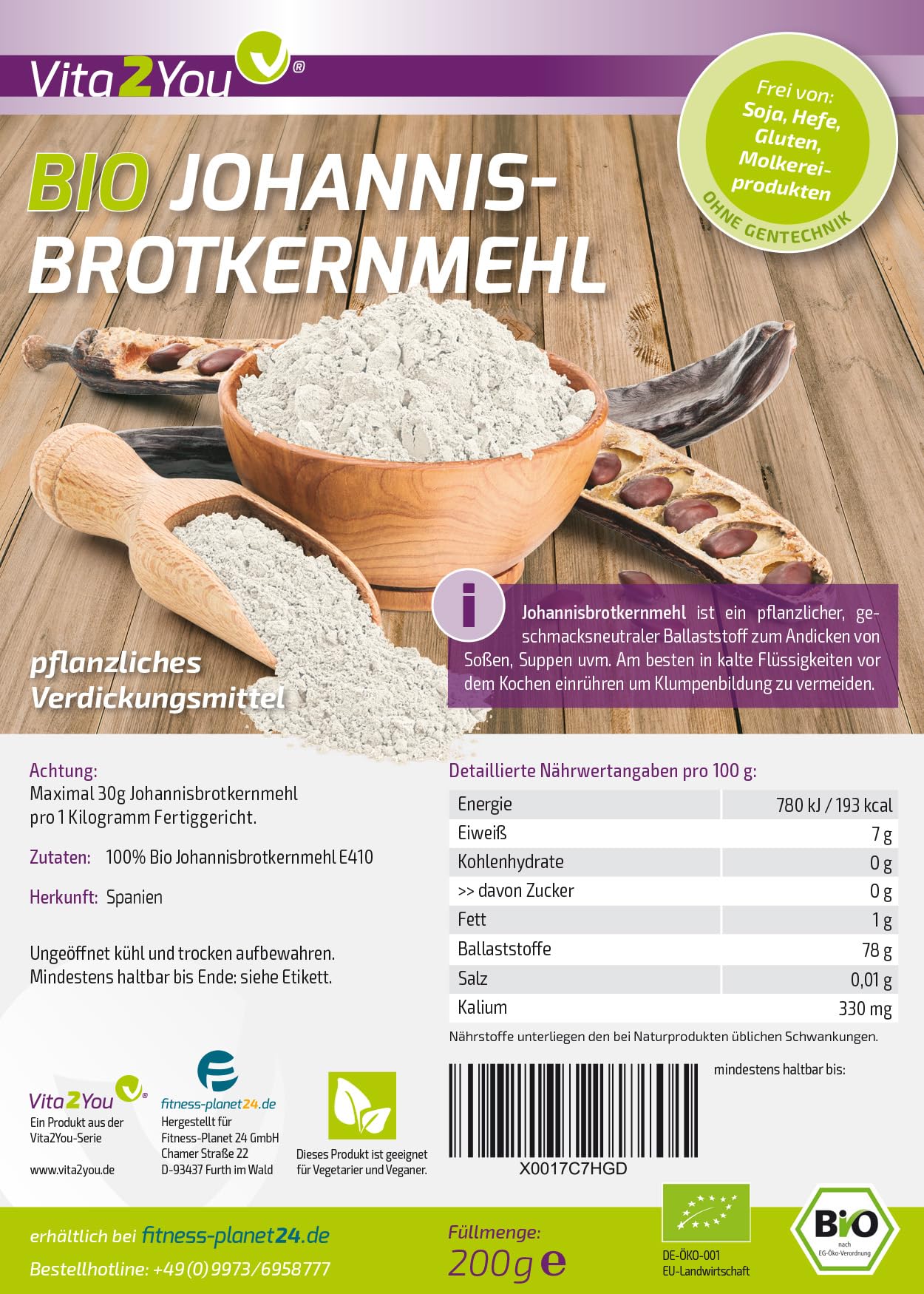 Bio Johannisbrotkernmehl 200g - pflanzliches Bindemittel - Verdickungsmittel - Geliermittel - öko Anbau - Glutenfrei - Premium Qualität