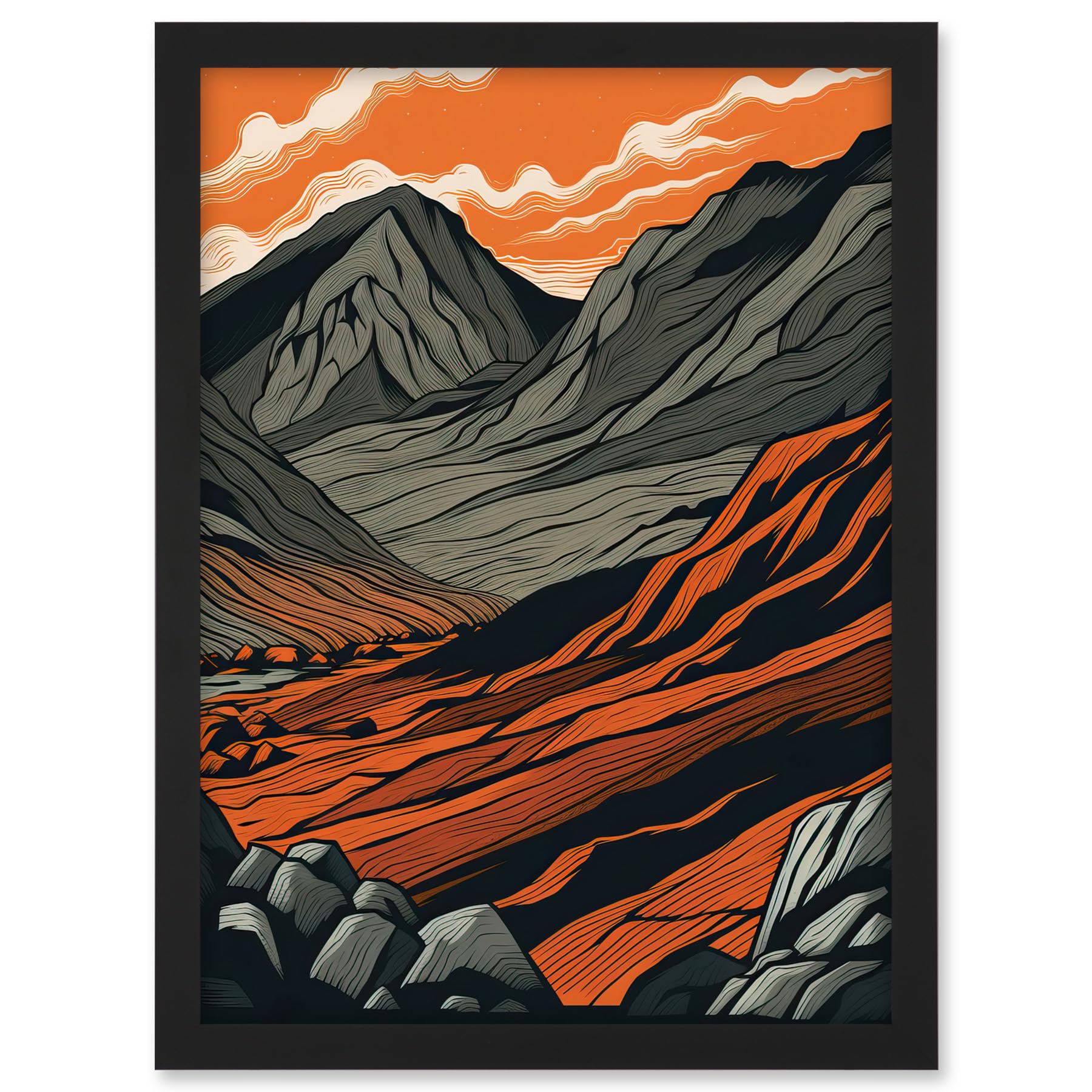 Artery8 Scafell Pike Mountain Landscape in Amber and Grey Artwork Framed A3 Wall Art Print