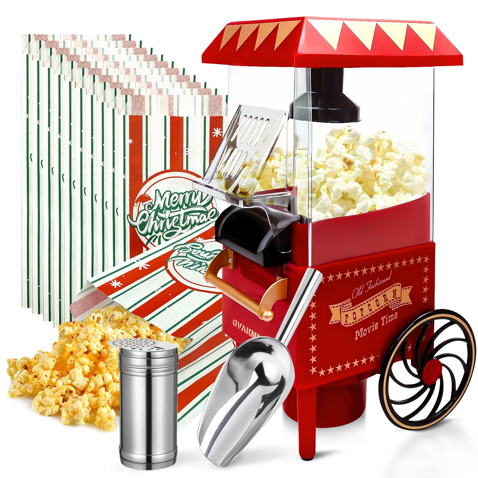 Macchina per popcorn, kit per popcorn ad aria calda, confezione regalo, macchina portatile per popcorn casalinga, 10 tazze, senza olio, stile retrò, compatta e carina (rosso-3)