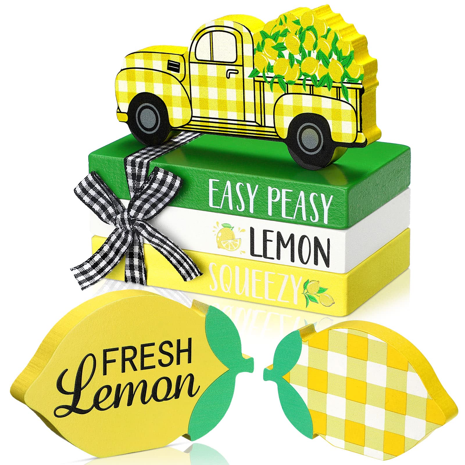 Yalikop 5 Pcs Lemon Table Decorations Summer Tiered Tray Decor Mini Wooden Decorative Books Stack with Twine with Wood Truck Sign for Home Kitchen