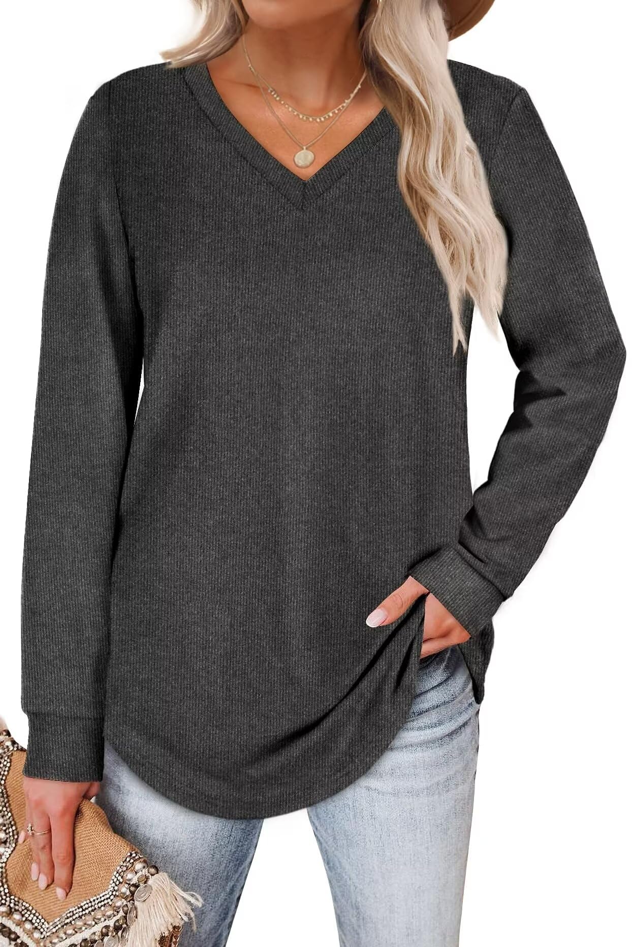 WIHOLL Sweaters for Women V Neck Long Sleeve Shirts Loose Casual Tops