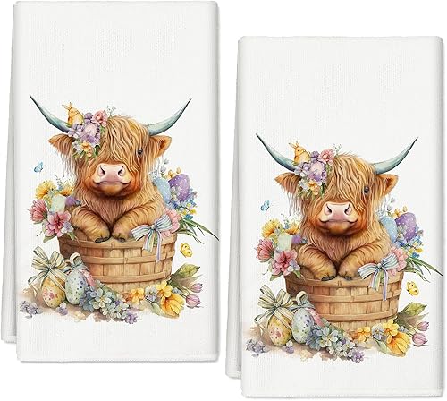 Miniatura 1 de AnyDesign - Toalla de cocina de Pascua de 18 x 28 pulgadas, lindo paño de cocina floral de vaca de las tierras altas, toalla de té de secado a mano