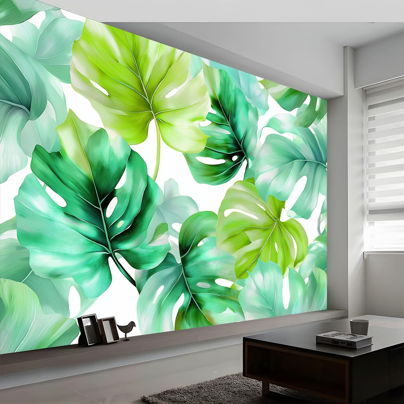 Générique Panoramiczna tapeta akwarelowa tropikalne liście monstera 3D 400 x 280 cm, włóknina XXL nowoczesna dekoracja ścienna salon sypialnia biuro pokój dziecięcy, biała