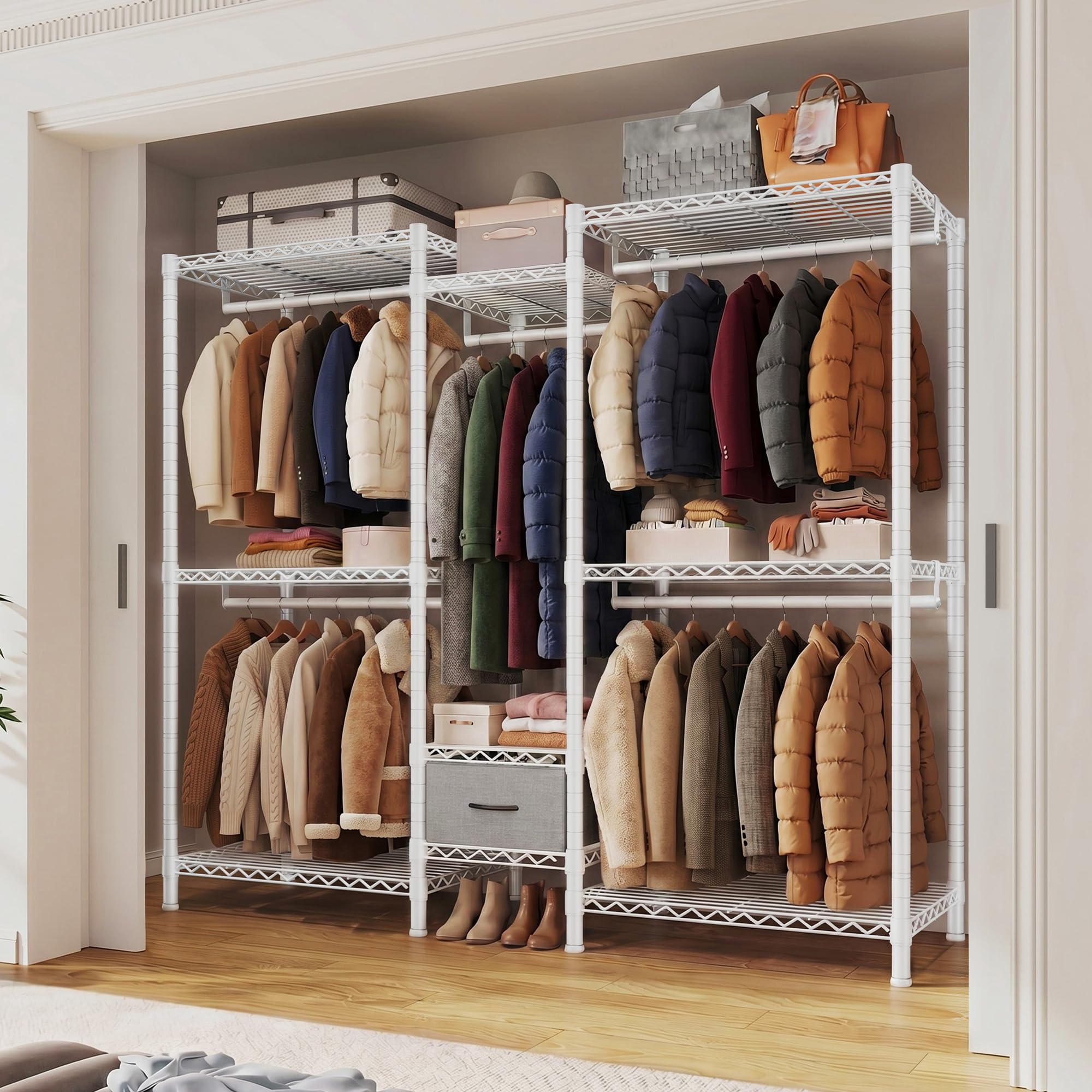 Burro ropa resistente, Armarios dormitorio metálico con 8 estantes regulables en altura, 5 barras para ropa y 1 cajón, 550 KG de carga, Perchero burro ropa, 189x45x194,5 cm, Blanco