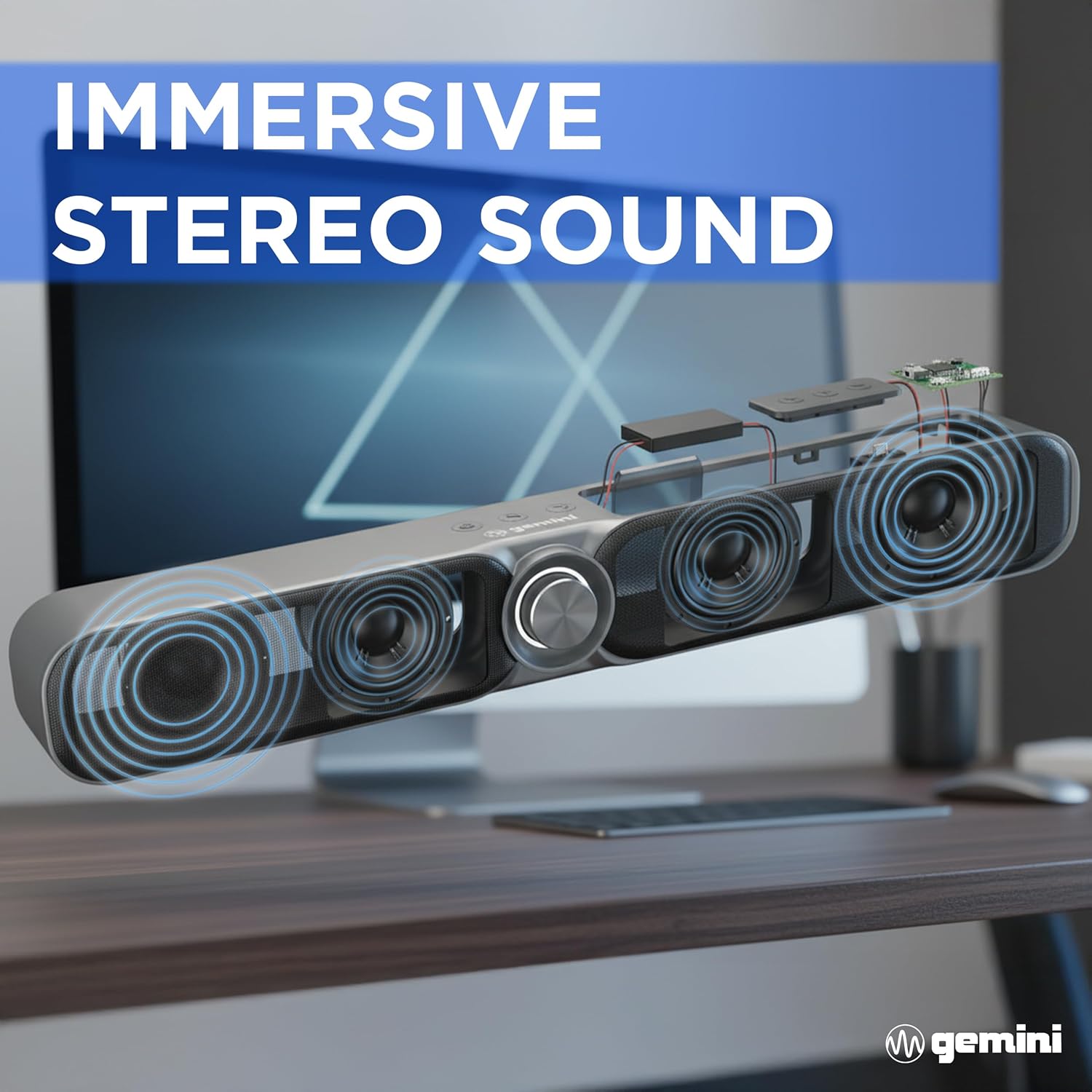 Gemini Portable Bluetooth Soundbar with FM Radio, USB & microSD Wireless Speaker with 3600mAh Battery, Multiple Input Modes, Compact Gaming & Outdoor Audio Bar (GSBR-20)