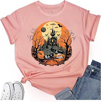 Women's Halloween Shirt: Crewneck Art Patterns Short Sleeve Halloween Party T-Shirt