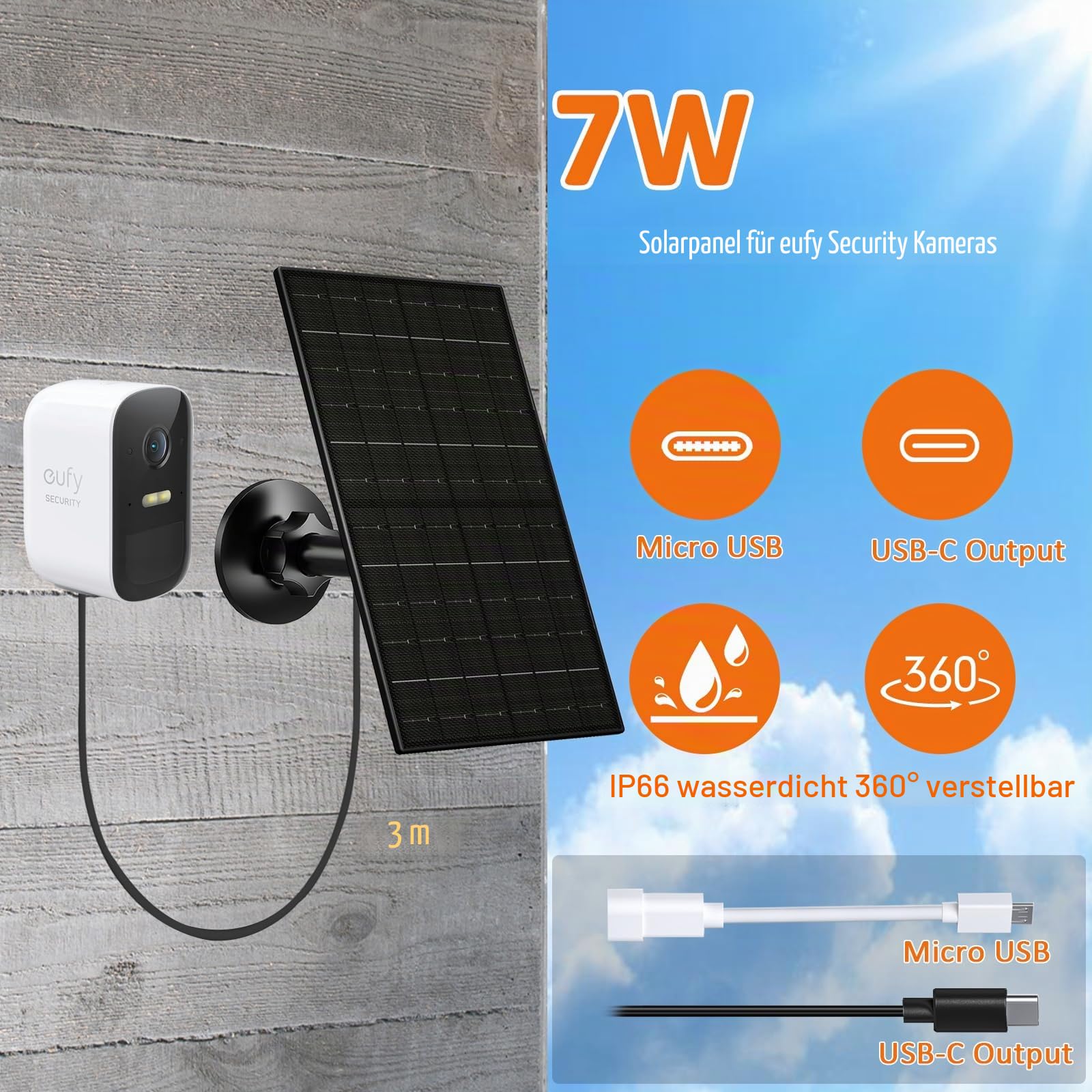7W Solarpanel für Eufy Kamera, kompatibel mit Eufy E, 2C/2C Pro, 2/2 Pro, E20/E40, 5V Ladegerät mit USB-C Anschluss, Micro-USB Adapter, IP66 wasserdicht, 3 m Kabel