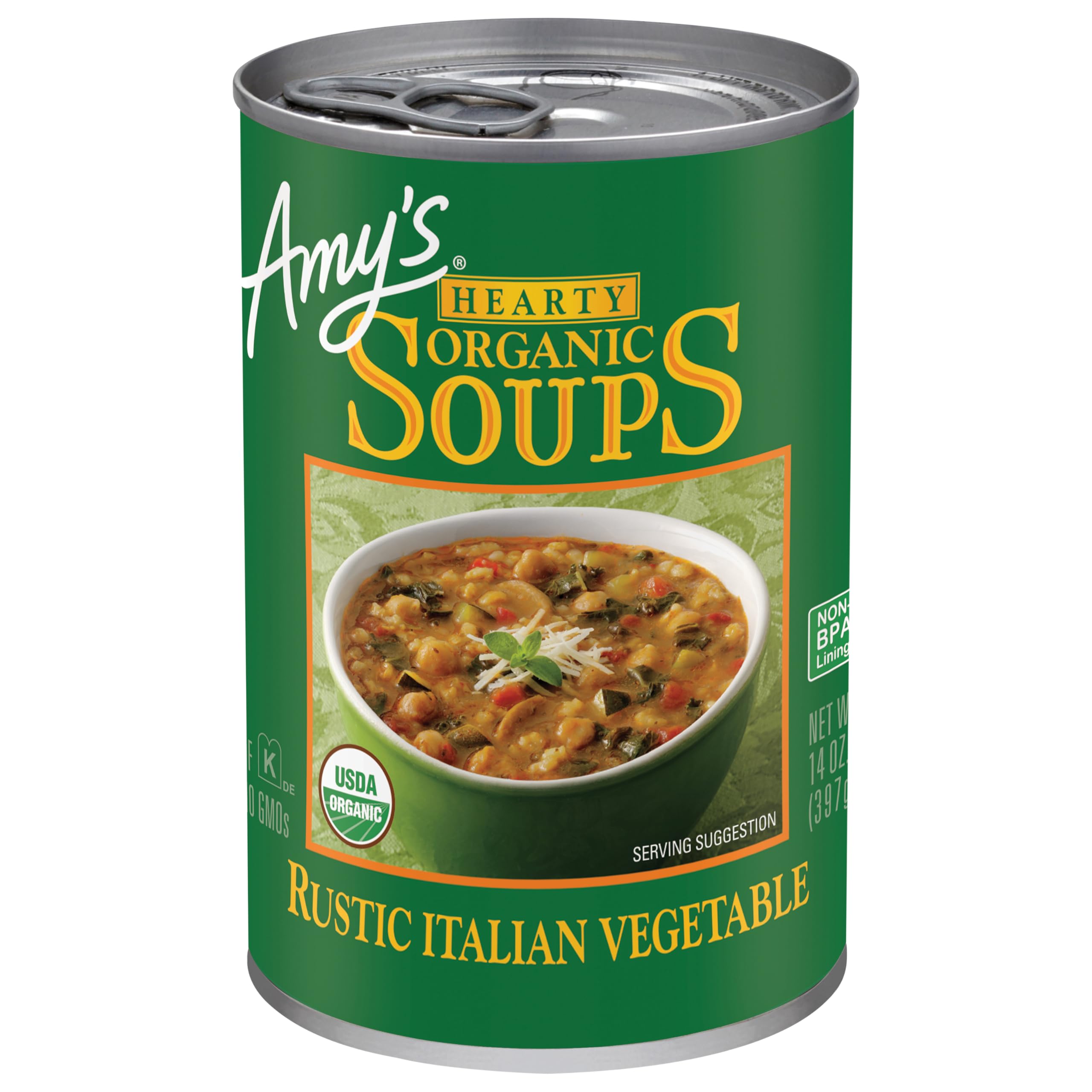 Amy’s Soup, Vegan Hearty Rustic Italian Vegetable Soup, Gluten Free, Made With Organic Beans and Rice, Canned Soup, 14 Oz
