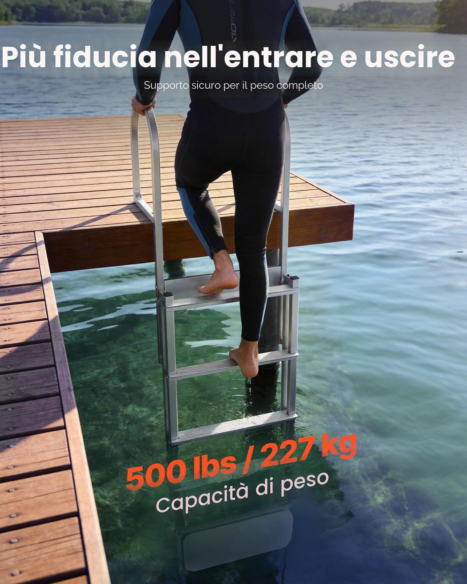 VEVOR Scaletta Telescopica per Molo, Scaletta Dritta Retrattile da Pontile, 5 Gradini Antiscivolo in PP, Portata Massima 227 kg, Struttura in Lega di Alluminio, Galleggiante Auto-Sollevante, per Laghi