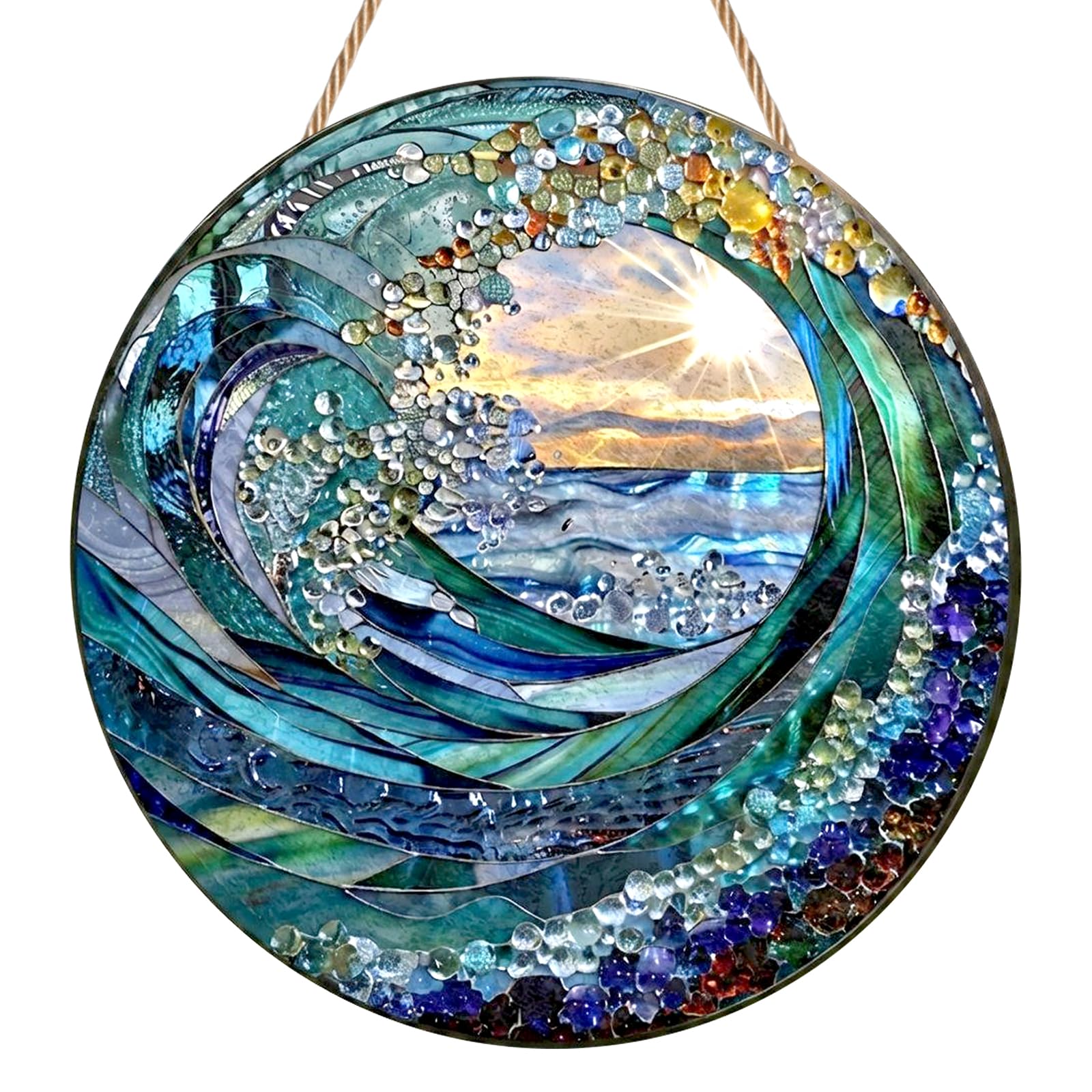 Sea Waves Sun Catchers for Windows, Blue Wave Stained Glass Suncatcher, Acrylic Handmade Sun Catcher, Hanging Ornament for Garden and Home Decor, Suncatcher Gift for Women, Men & Wife