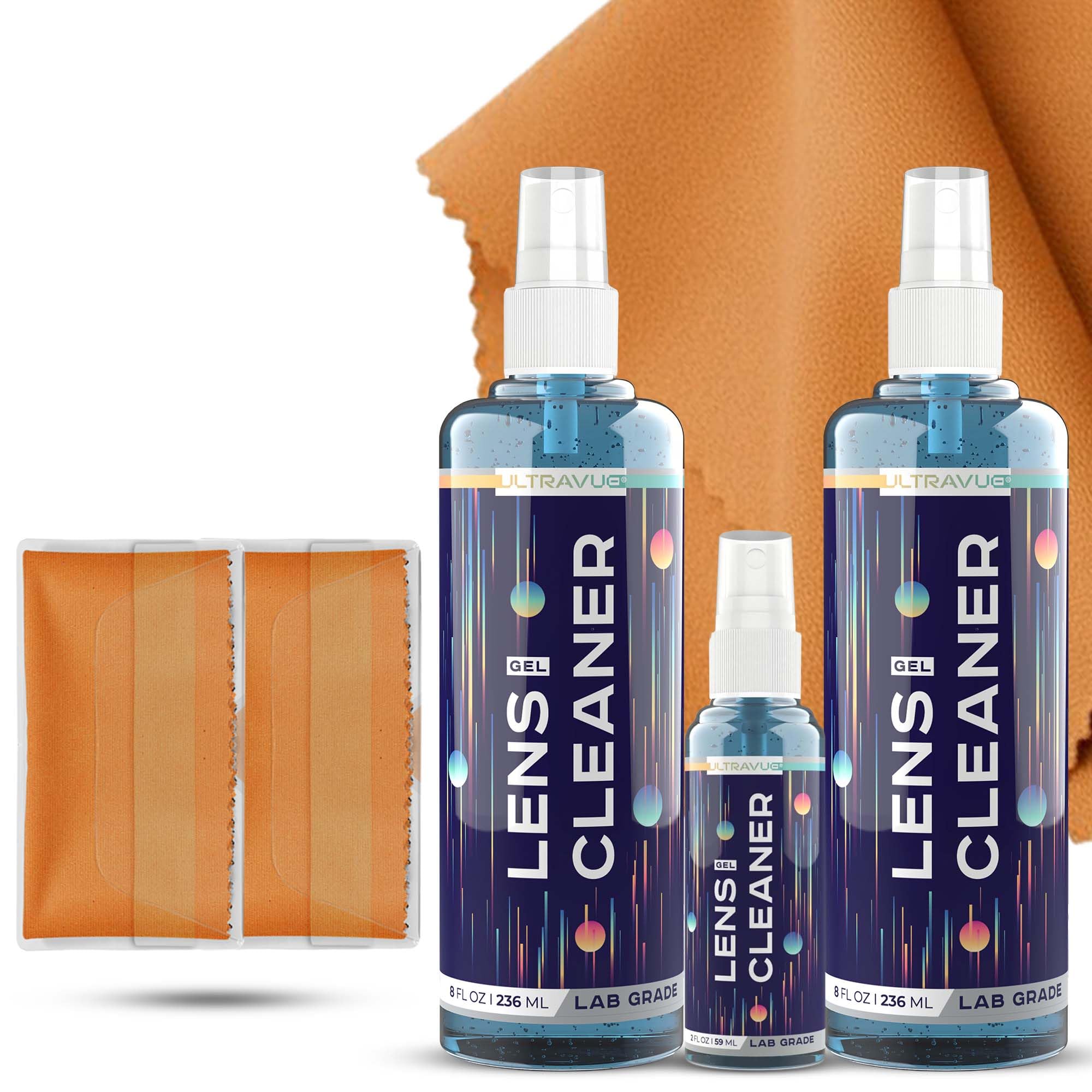 ULTRAVUE Eyeglass Gel Lens Cleaner Spray Kit - 2 x 8oz and 1 x 2oz Gel Eyeglasses Cleaner Spray Bottle + 2 Microfiber Cloth for Cleaning - Safe for All Lenses (AR Coated Included)