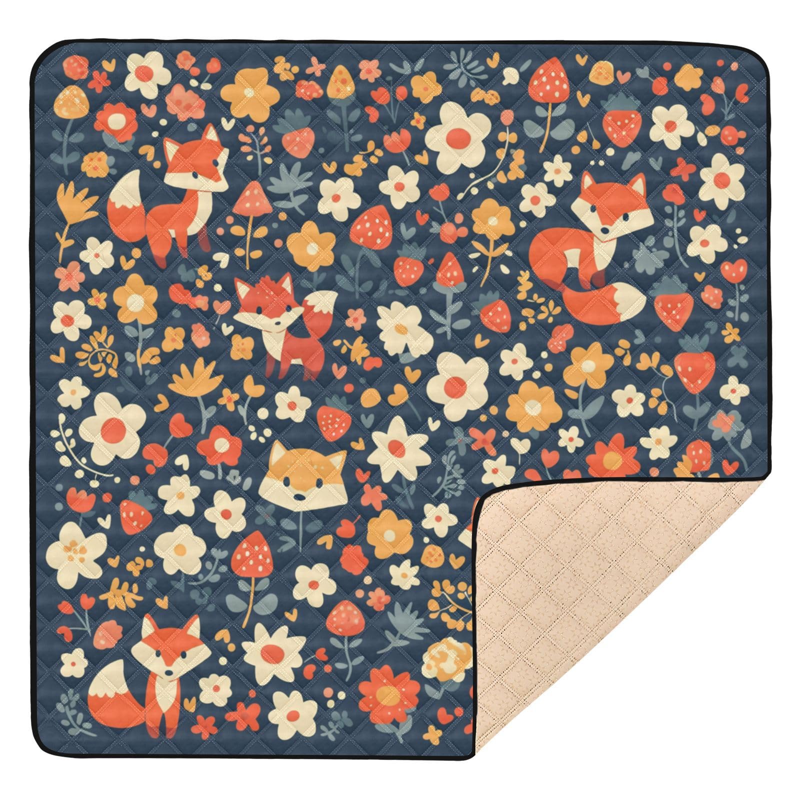 Kigai Fox Flowers Baby Play Mat for Floor and Playpen 50x50 inch Non-Slip Baby Activity Playmat Waterproof Foldable Crawling Mat for Infants Toddlers