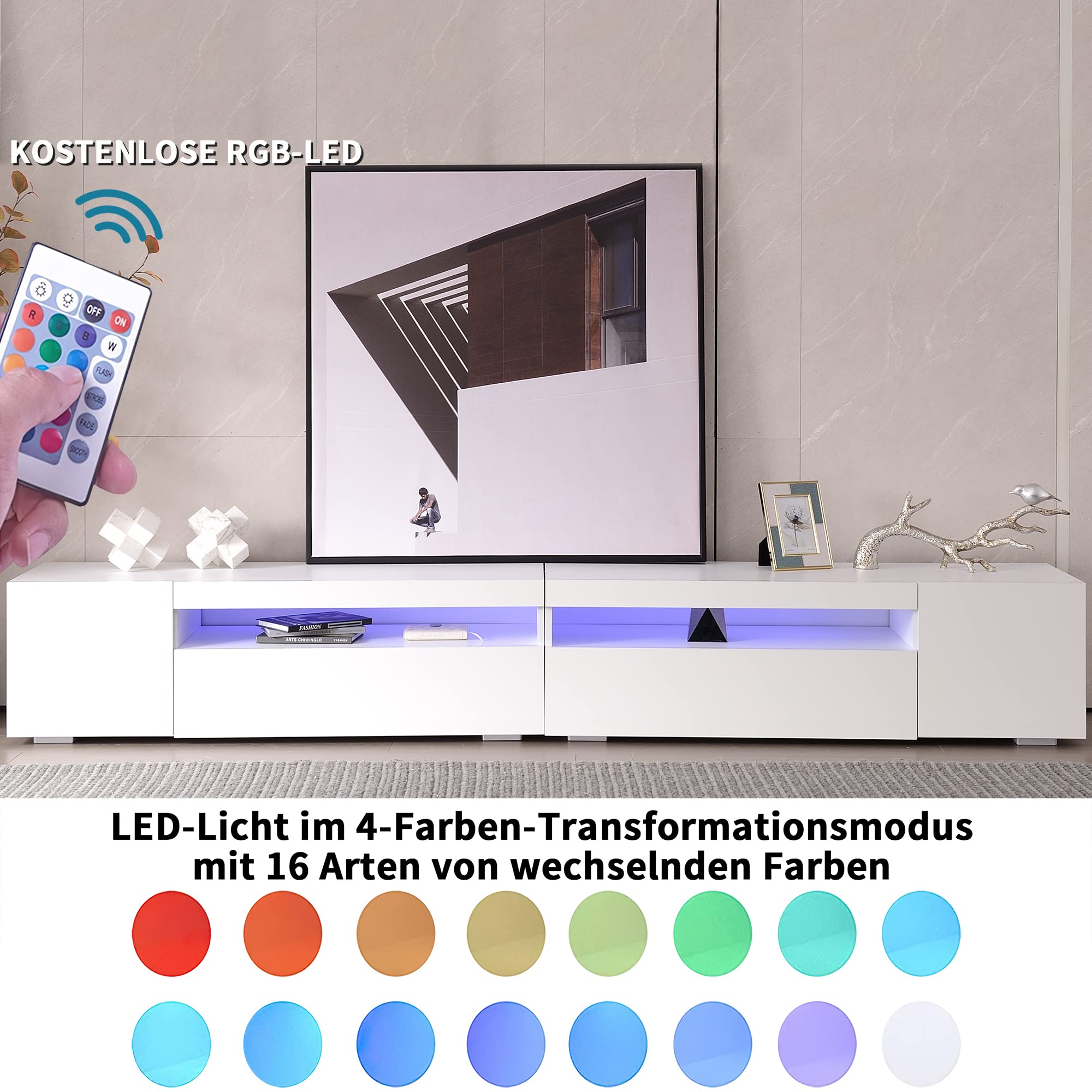 Mueble de TV Moderno Blanco Con Panel Brillante, Iluminación LED Variable Para Salón y Comedor, 240 cm