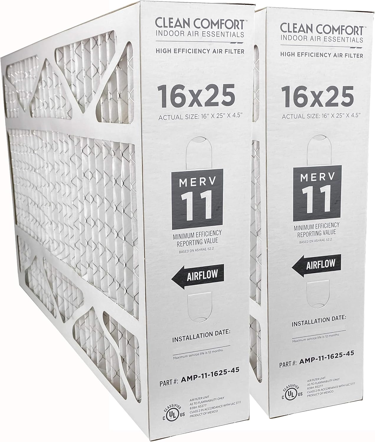 Clean Comfort 16" x 25" x 4.5" MERV 11 Air Filter 2-Pack