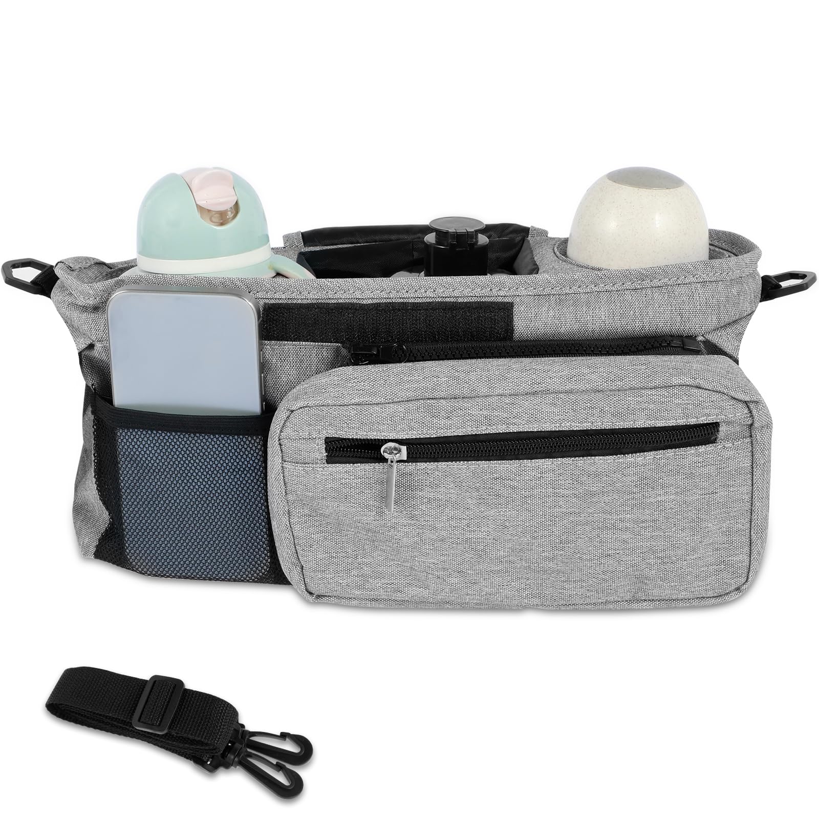 Baby Pushchair Organiser,3 Pram Diaper Cup Holder,Detachable Zippered Pocket,Adjustable Shoulder Strap,Waterproof Fabric,Large Capacity for Baby Essentials,Compact Design Fits Any Stroller Handlebar