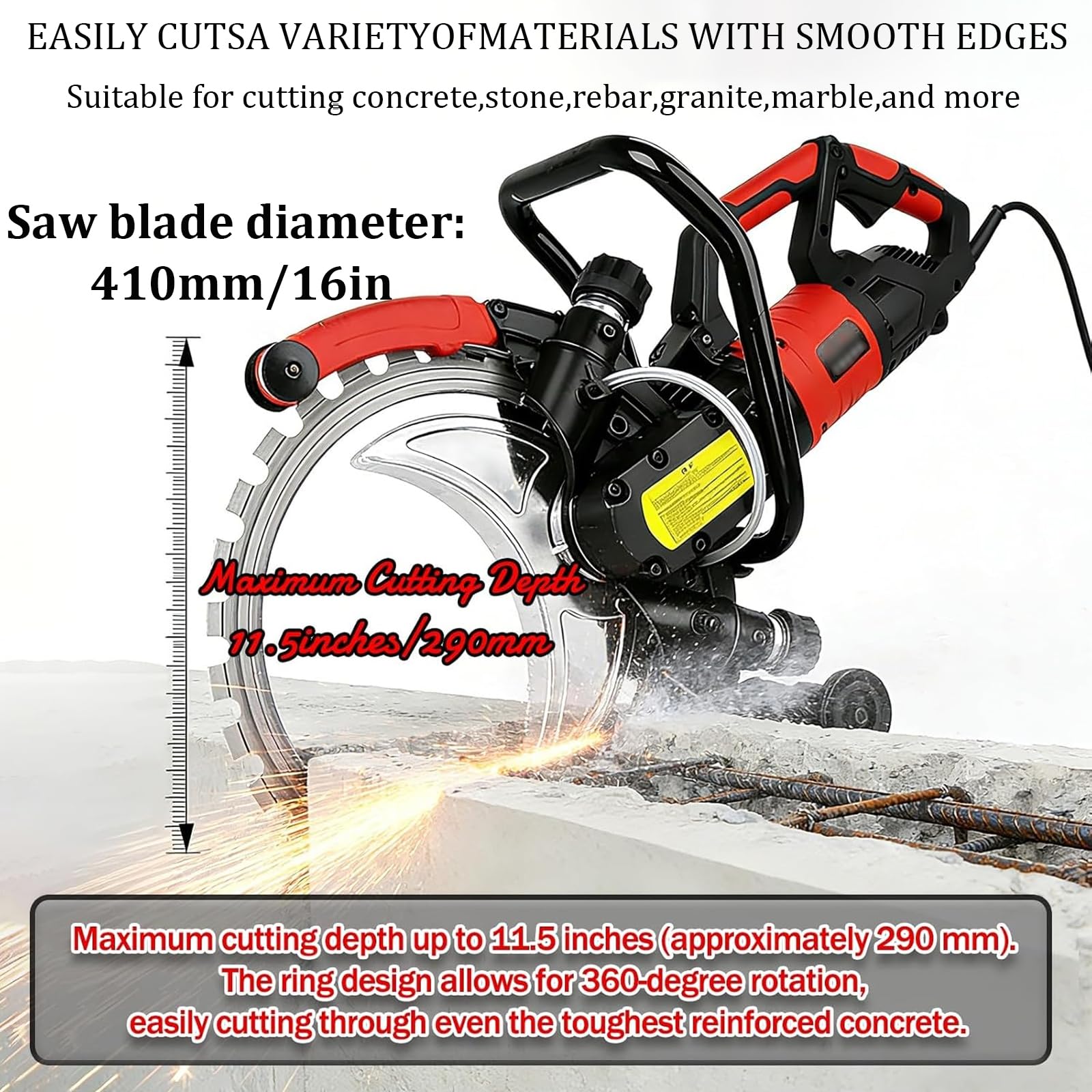 Sierra Circular EléCtrica para HormigóN de 9500W,Sierra de Anillo de Alta Frecuencia de 16 Pulgadas,Modo de Corte HúMedo y Seco,para Paredes de HormigóN Armado,Ladrillo Rojo y Cemen(Size:Saw blade *1)