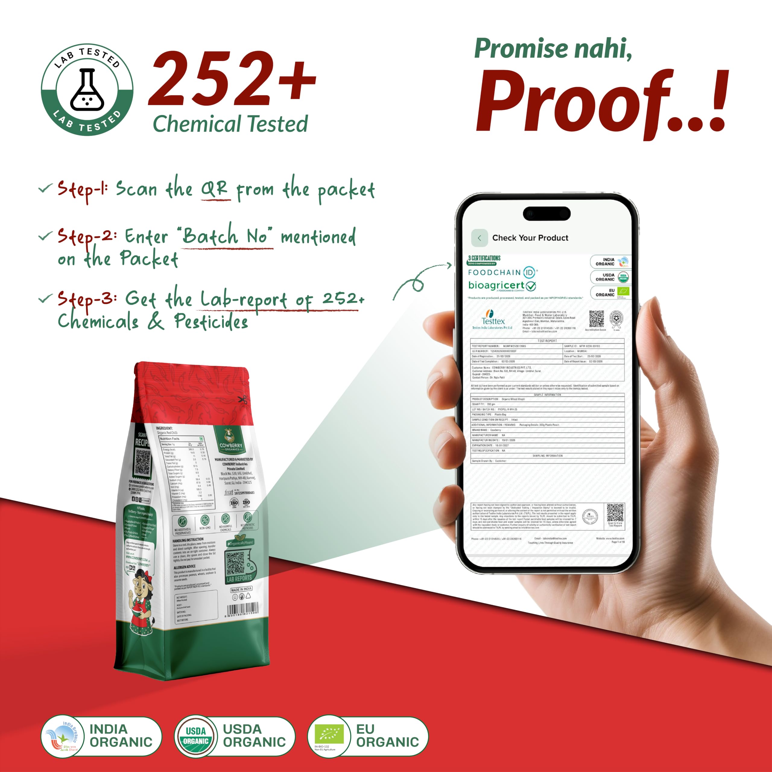 COWBERRY Organic Toofanilal Red Chilli Powder/Lal Mirch 500 g, Slow-Ground Extra Spicy & Extra Hot | NPOP India, NOP USDA, EU Organic Certified | Lab-Tested 252+ Chemicals & Glyphosate Free