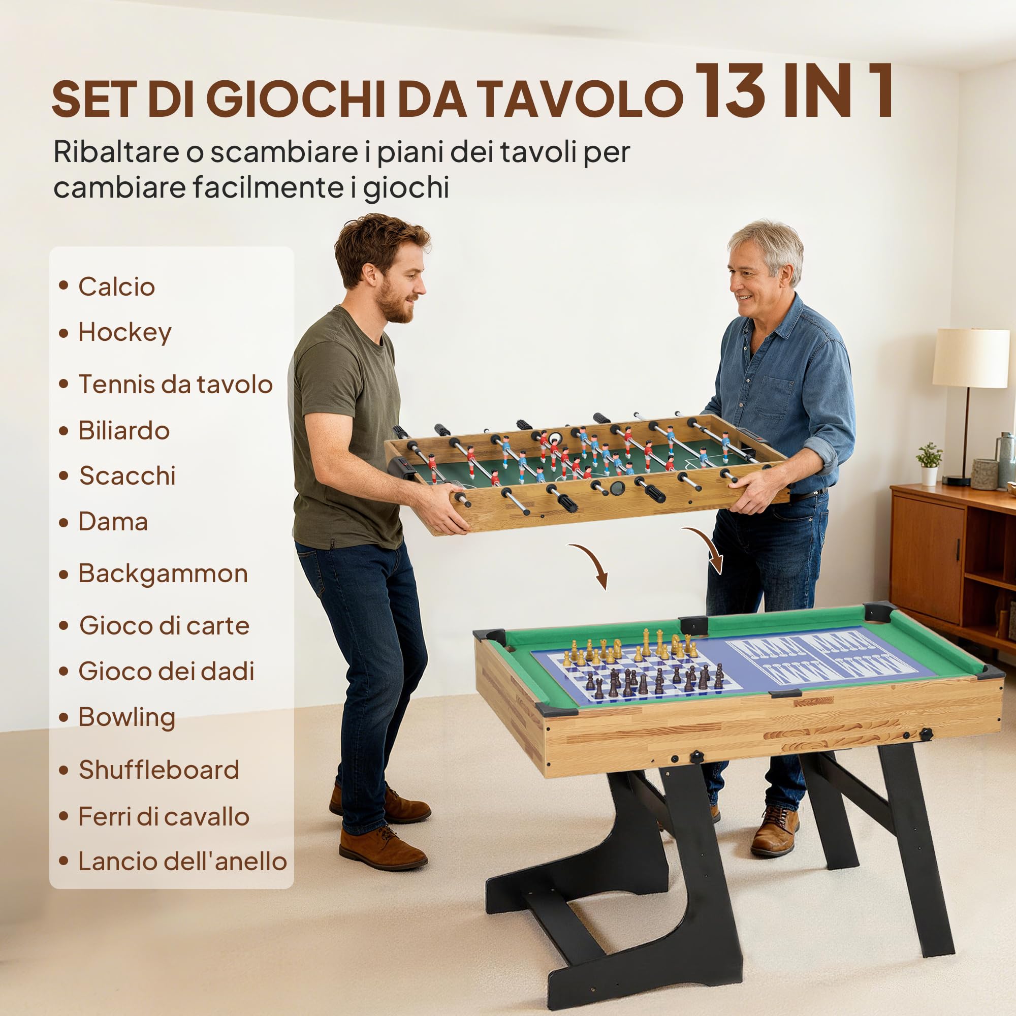SPORTNOW Tavolo Multigioco 13 in 1 Pieghevole, Tavolo da Gioco Multifunzione con Calcio Balilla, Biliardo, Ping Pong, Ice Hockey, Scacchi, Backgammon, Dama, Bowling ecc. per Adulti Bambini Casa Scuola